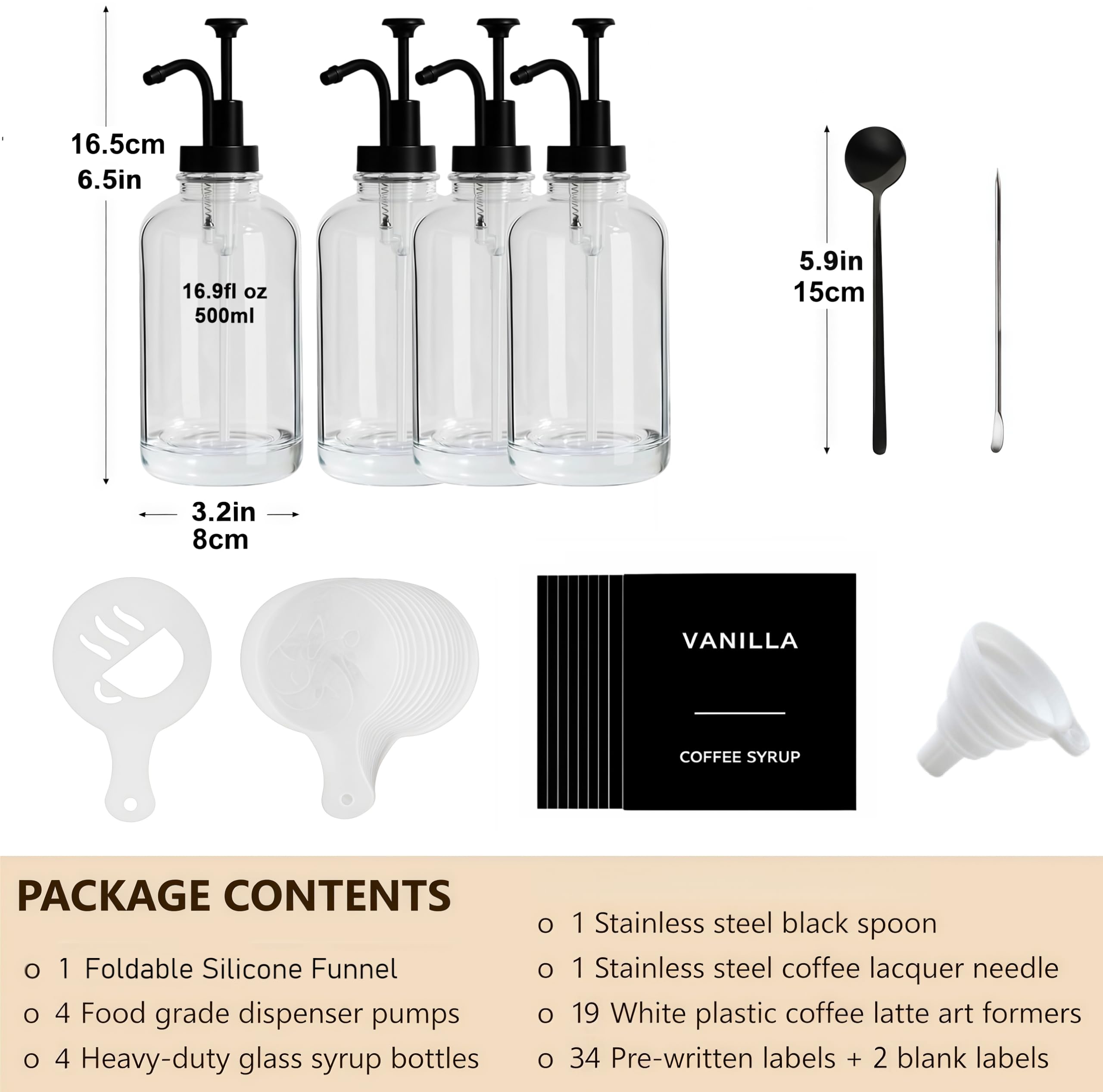 BIKALAN Sirup Spender für Kaffeebar, 500ml Kaffee Sirup Flaschen für Kaffeestation, Kaffeesirup Pumpspender für Küche mit 36 Aufkleber, Faltbar Trichter aus Silikon, 16.9 oz, 4 Packung