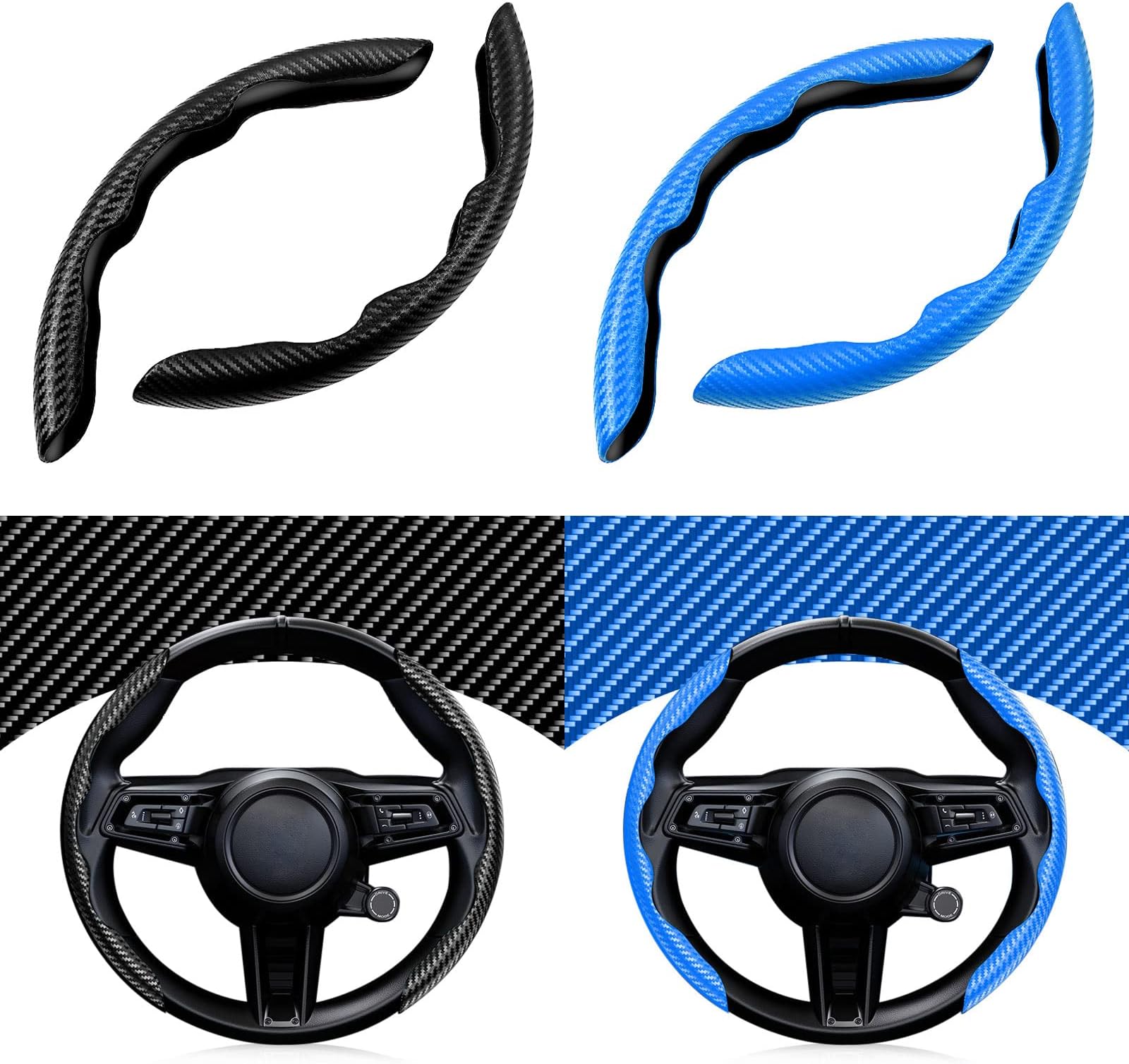 Cartist Steering Wheel Cover, Carbon Fiber Steering Wheel Cover, Wheel Cover for Men/Women, Anti-Slip, Durable, Universal for 99% Car (Black+Blue)