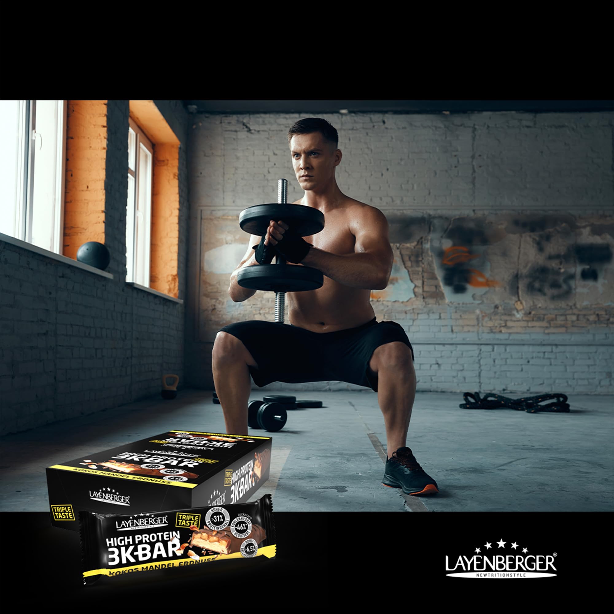 Layenberger 3K BAR Triple Taste Kokos Mandel Erdnuss (21x45 g) | High Protein Riegel, viel Eiweiß, wenig Kohlenhydrate, insgesamt 945 g
