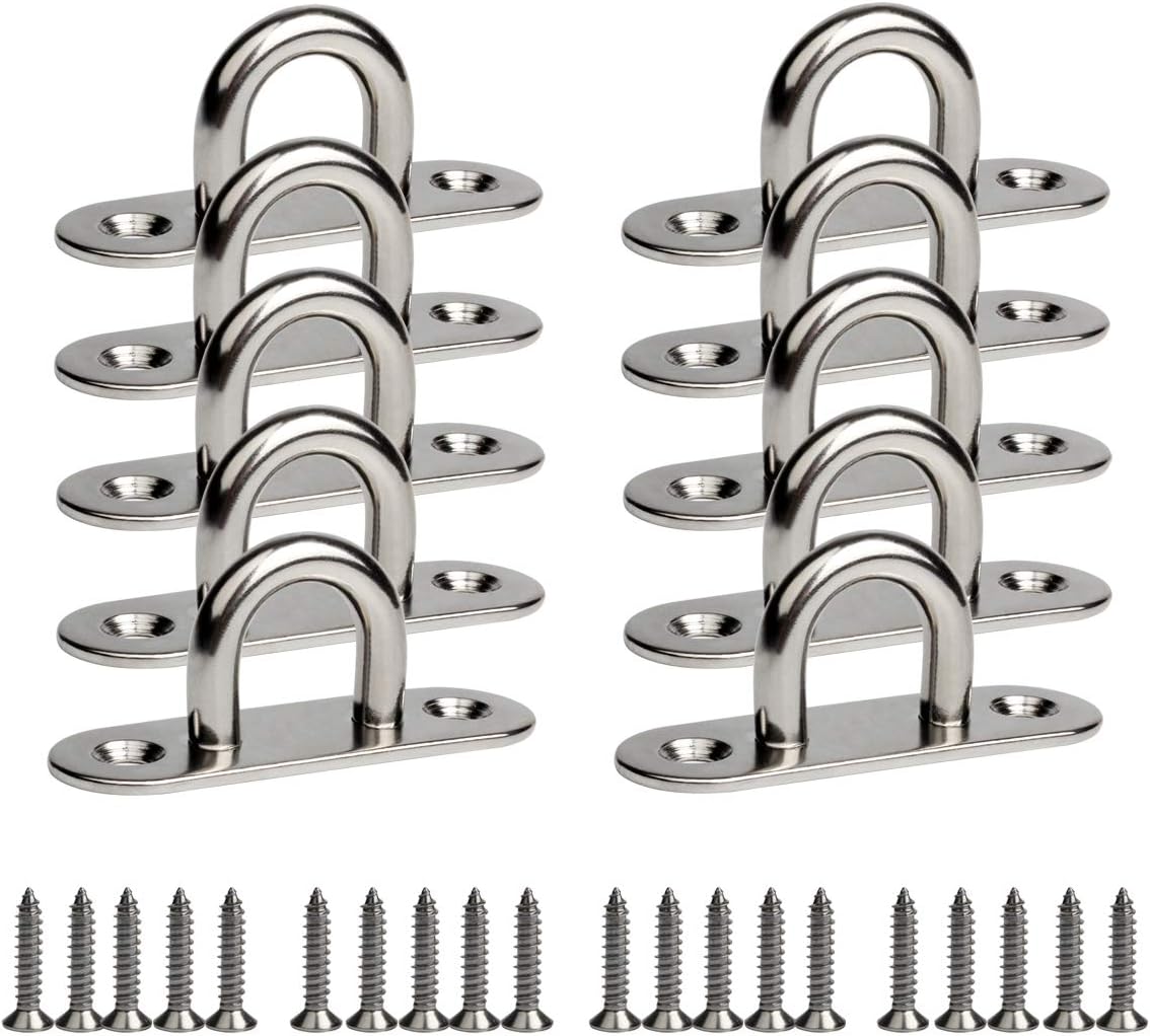 10-Pack 304 Stainless Steel Ceiling Hook Ring Hooks 1. 8 inch M5 Strip Type Eye Plate with Enclosed Hook Boat Rigging Heavy Duty Ceiling & Wall Mount Hanging Hardware Fitting