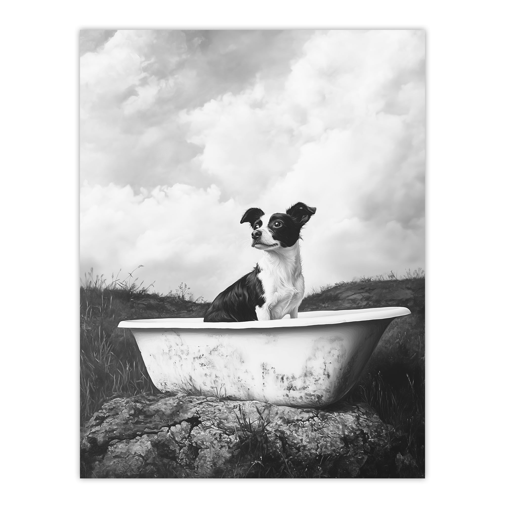 Artery8 Dog Lover Puppy in Bathtub Black White Surreal Bathroom Toilet Extra Large XL Wall Art Poster Print