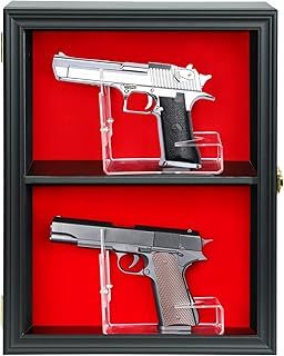 HOROW 2 Handgun Pistol Revolver Gun Display Case Wall Mount Lockable Black Felt Wood Cabinet w/ 98% UV Protection Acrylic Clear Door Gun Shadow Box Stand Rack Holder