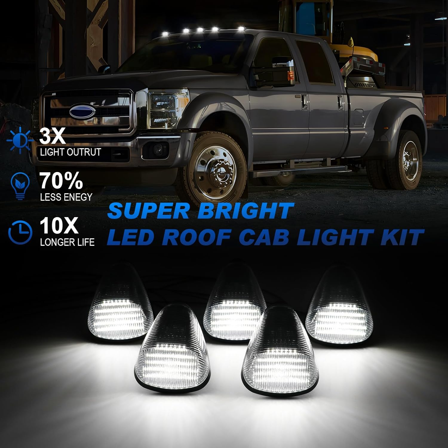 LED Cab Roof Marker Lights Compatible with 1999-2016 F250 F350 F450 F550 Super Duty / 2004-2017 F650 F750, Top Cab Clearance Lights for Trucks, Smoked Len White Light