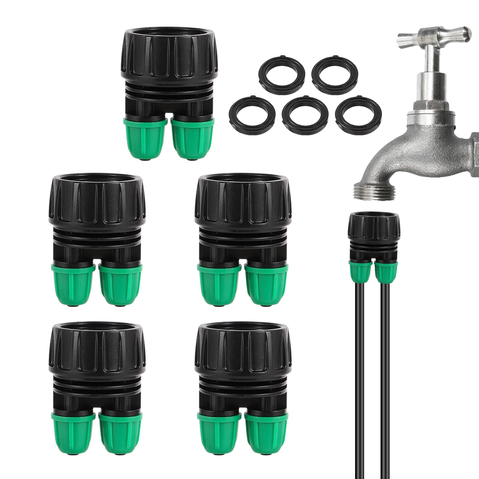 Adaptador de manguera de jardín de 3/4 a 1/4 pulgadas, conectores de tubo de riego por goteo de 2 vías, diseño de púas, rosca GHT estándar de 3/4 de EE. UU., paquete de 5 (conector de tubo de 2 vías a