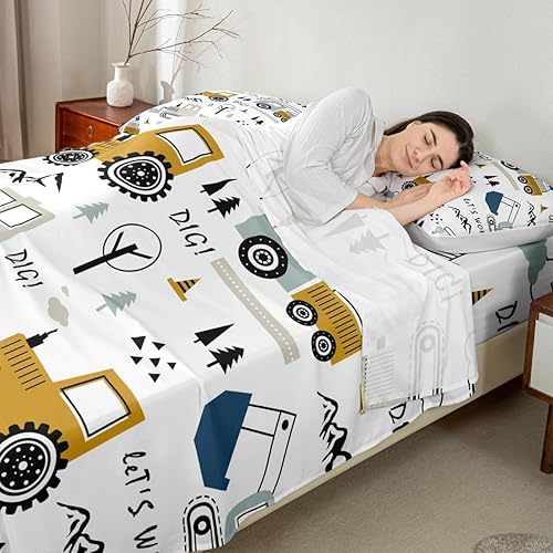 Miniatura 3 de Juego de sábanas de coche de dibujos animados para niños, juego de sábanas de construcción, equipo de decoración, sábanas con bolsillo profundo,