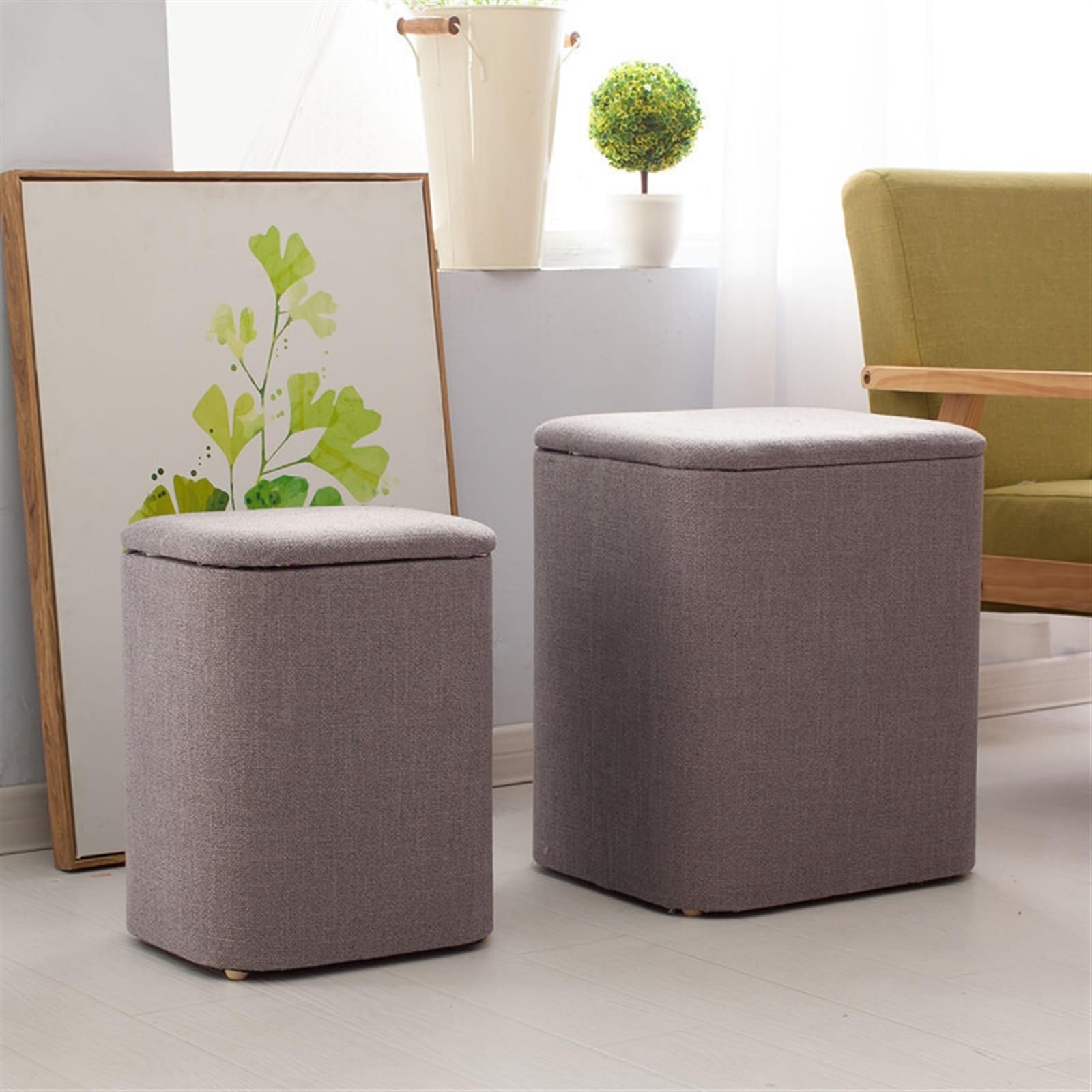 Pouf de rangement gris en bois et tissu pour salon et chambre | Lot de 2