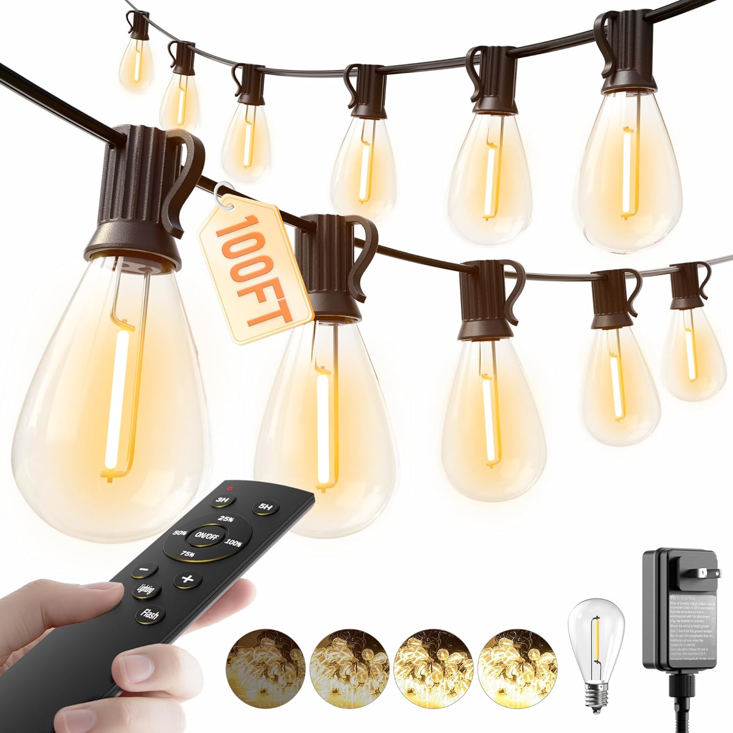 luckystyle 100FT LED Outdoor String Lights with Remote, 35+ 1 Shatterproof Bulbs Waterproof and Dimmable Patio Lights for Porch, Garden, Backyard, Deck, Balcony, 2200K Hanging Lighting
