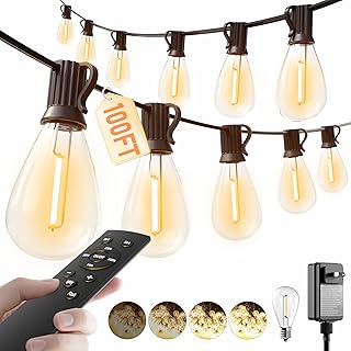 luckystyle 100FT LED Outdoor String Lights with Remote, 35+ 1 Shatterproof Bulbs Waterproof and Dimmable Patio Lights for Porch, Garden, Backyard, Deck, Balcony, 2200K Hanging Lighting