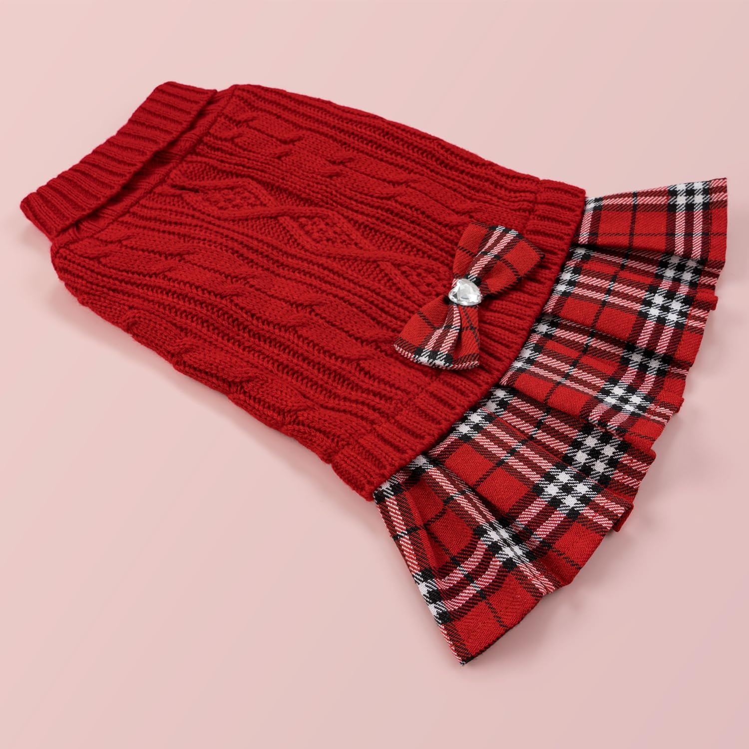 YUDODO Small Dog Sweater Dress with Bowtie Turtleneck - Knitted Pet Girl Dog Winter Clothes - Pet Warm Sweater for Puppy Yorkies, Chihuahua (S Red)