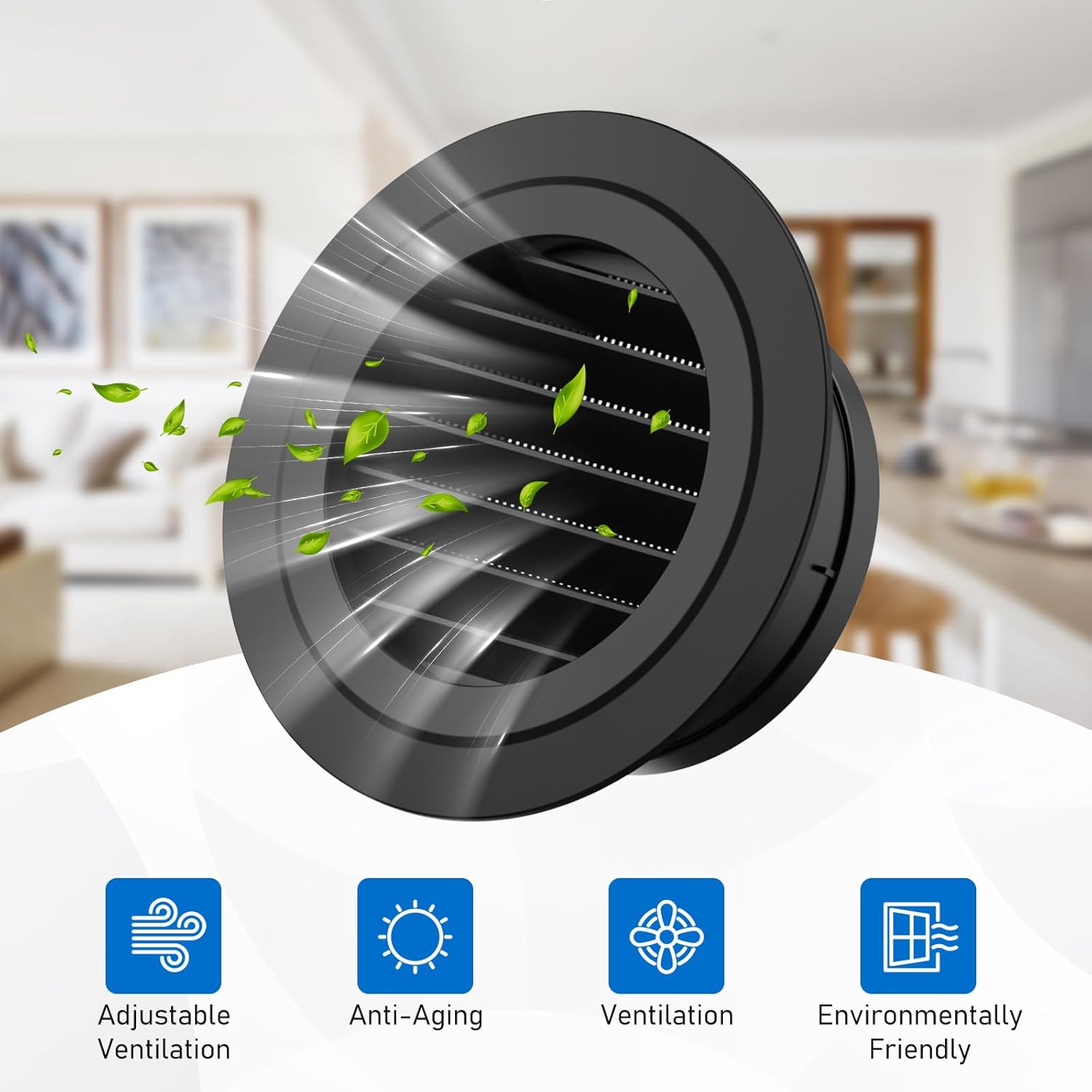 Hon&Guan 6 Inch Soffit Exhaust Vent, 6‘’ Round Air Vent Cover with Built-in a Fly Screen for Bathroom Office Home, Black