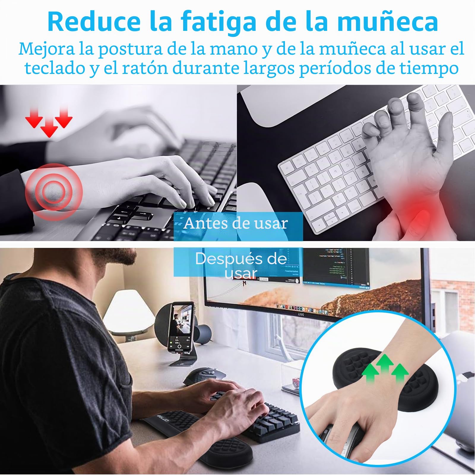 ELZO Reposamuñecas para Teclado y Ratón, Soporte de Muñeca de Espuma Viscoelástica, Almohadilla Ergonómica para Soporte de Muñeca, Reposamuñecas Antideslizante para Teclado de Computadora, Negro