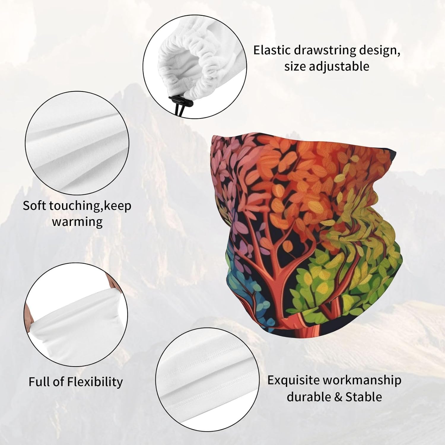 Neck Warmer Winter, Four Season Tree Print For Cold Weather Winter Face Mask,Thick Warm Neck Gaiter Face Scarf,For Men Women Skiing Cycling - With Rope