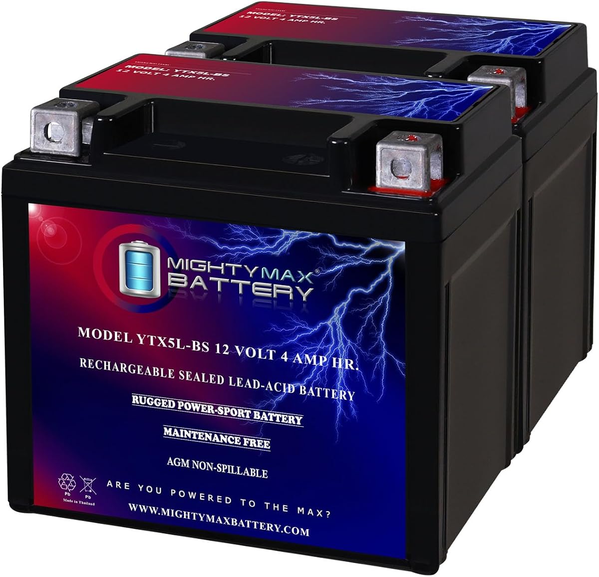 Mighty Max Battery YTX5L-BS 12V 4AH Battery Replaces Duromax XP4400E Generator - 2 Pack