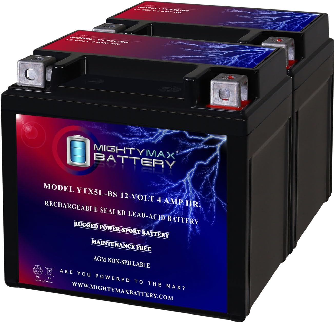 Mighty Max Battery YTX5L-BS 12V 4AH Battery Replaces 4011181, 58511053000-2 Pack