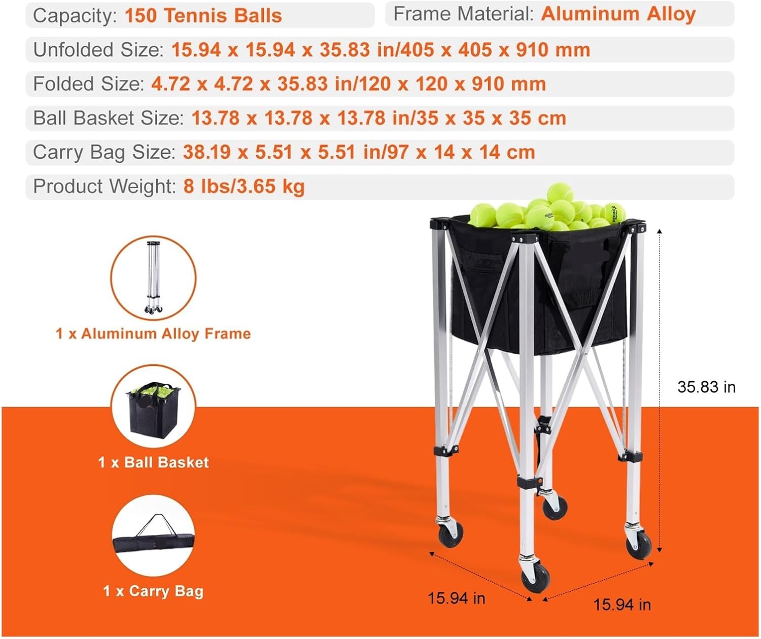 Foldable Tennis Ball Cart Holds 150/180 Tennis Balls Basket Hopper with Wheels Sports Teaching Portable Trolley for Tennis Training(Black1)