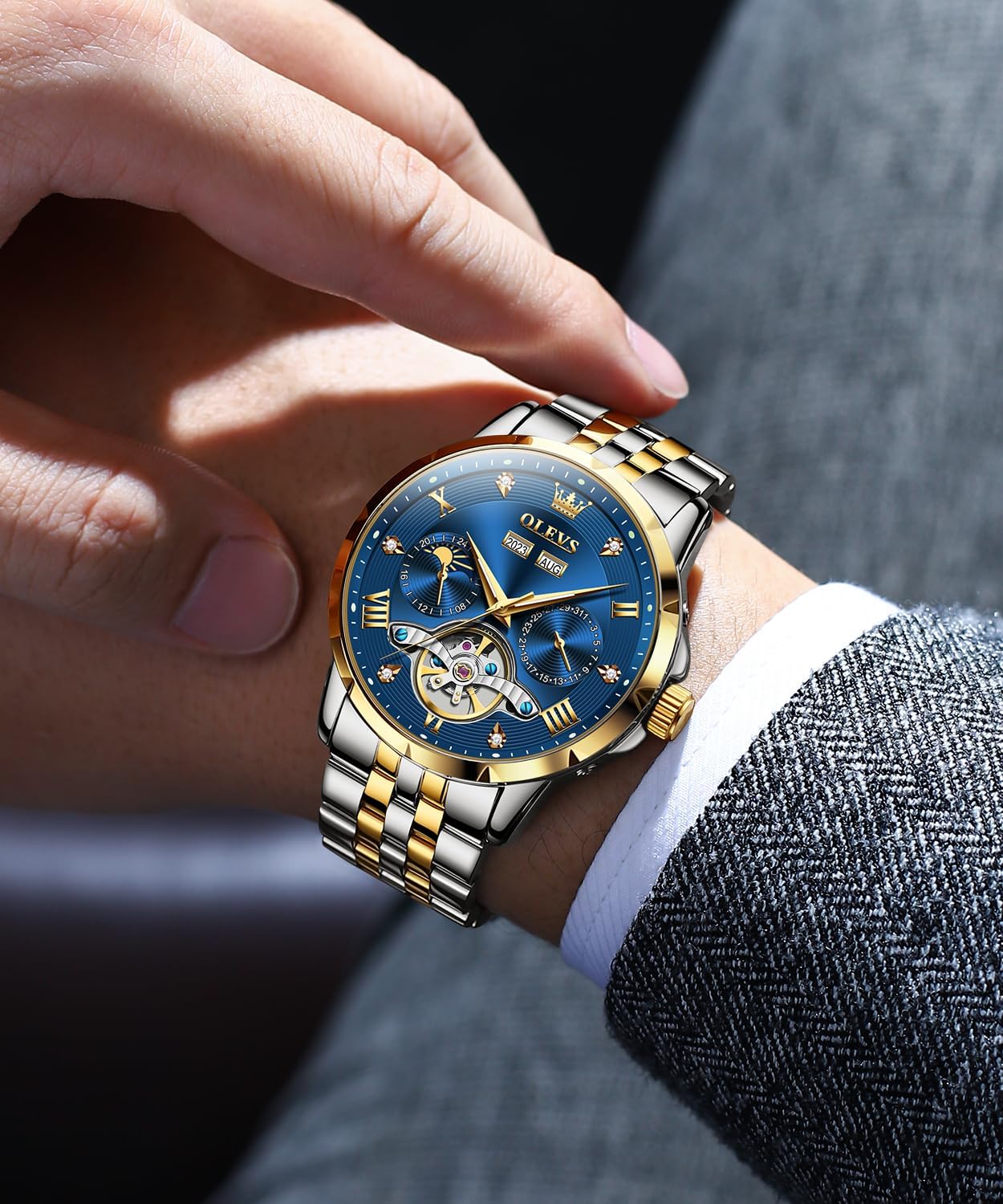 OLEVS Mens Automatic Watch Luxury Dress Diamond Self Winding Skeleton Tourbillion Stainless Steel Original Watches for Men - Image 2