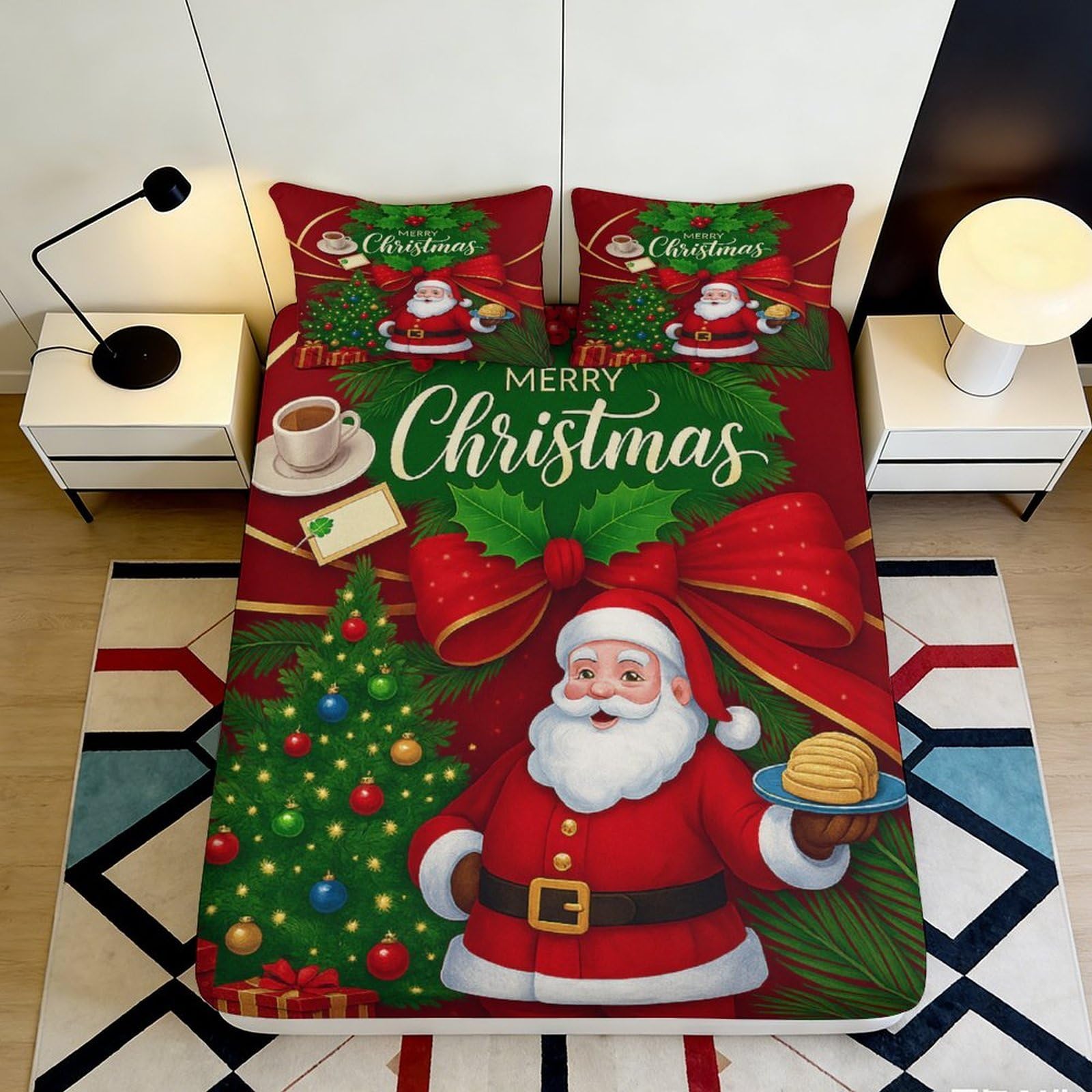 3D Printed Christmas Santa Fitted Sheet Microfiber Soft Red Festive Tree Bed Cover for Bedroom Dorm Guest Room Decor 90x200x25cm