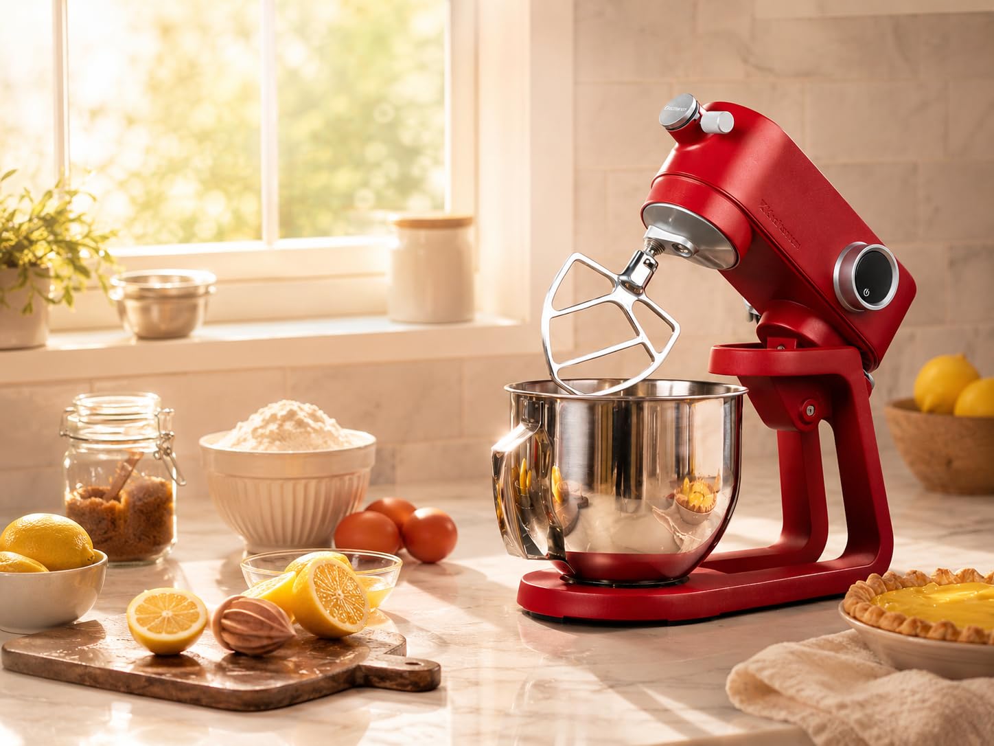 Robot de cocina, amasadora para masa de pan, carcasa de metal, 8 niveles con temporizador, cuenco de 5 L, 4 cabezales de acero inoxidable (RED)