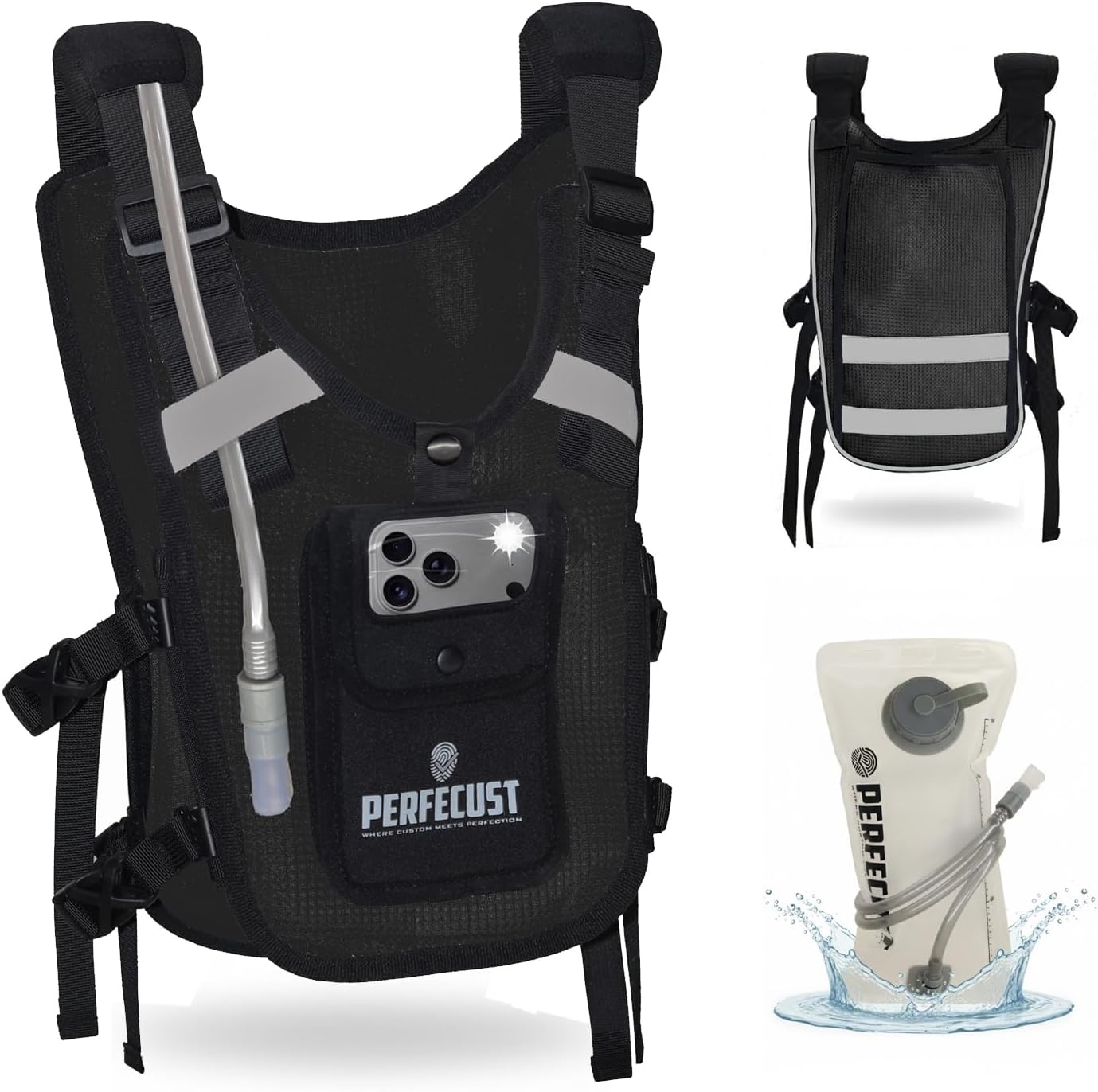 Running Vest with POV Camera Phone Pocket — Includes 1.5L Hydration Water Bladder — Zero-Bounce Stability, Adjustable Straps — Lightweight Reflective Hiking Backpack for Women & Men