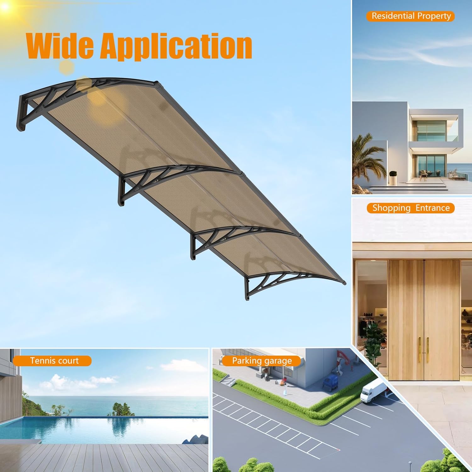 Window Awning Door Canopy 40"x120", Awnings for Doors Polycarbonate Cover Patio Door Awning UV Rain Snow Sunlight Protection Hollow Sheet, Black Bracket & Brown Board