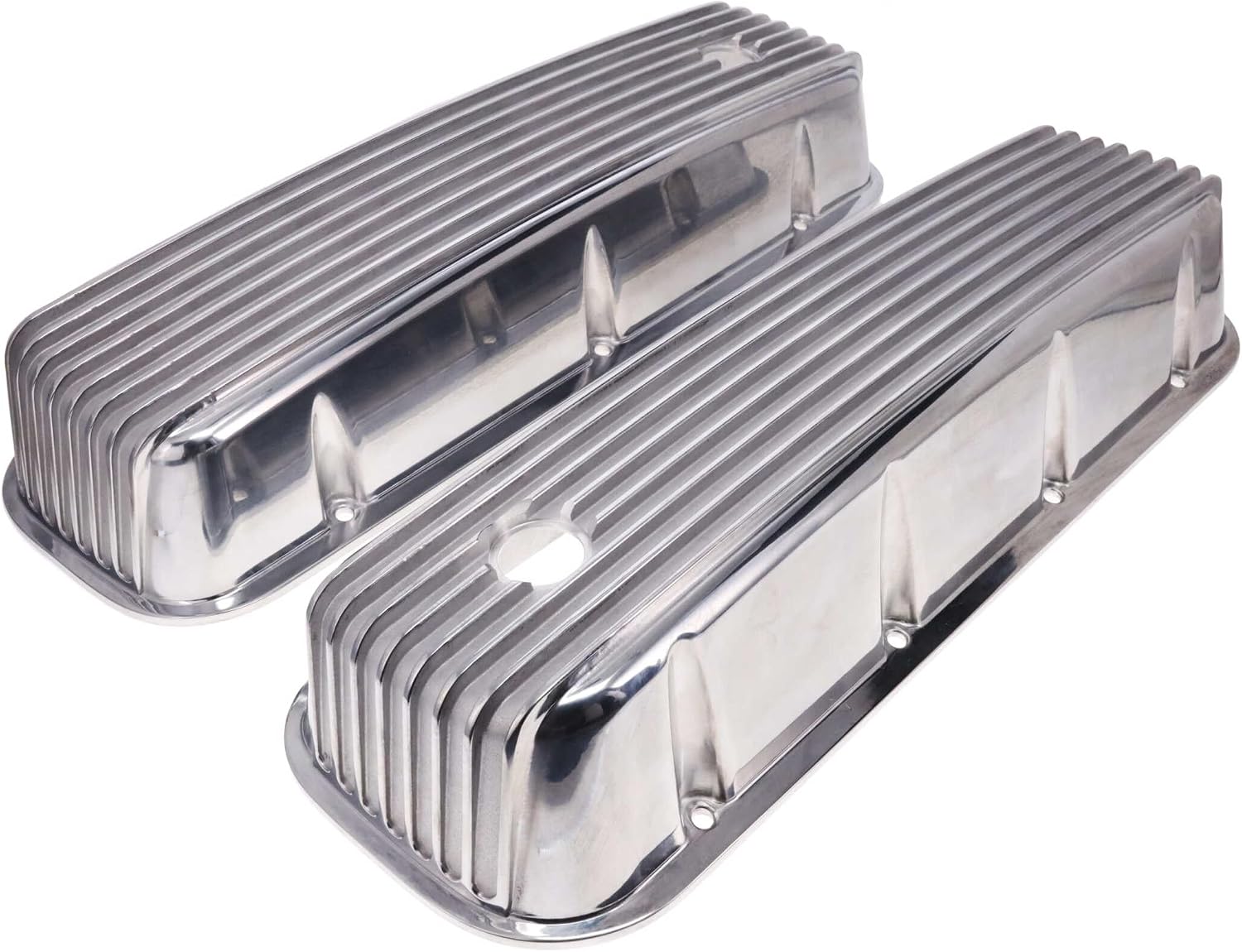 Top Street Performance Tall Finned Aluminum Valve Covers 3 11/16" Ht 1.25" Hole for 1965-1995 Chevy Big Block V8 - Polished