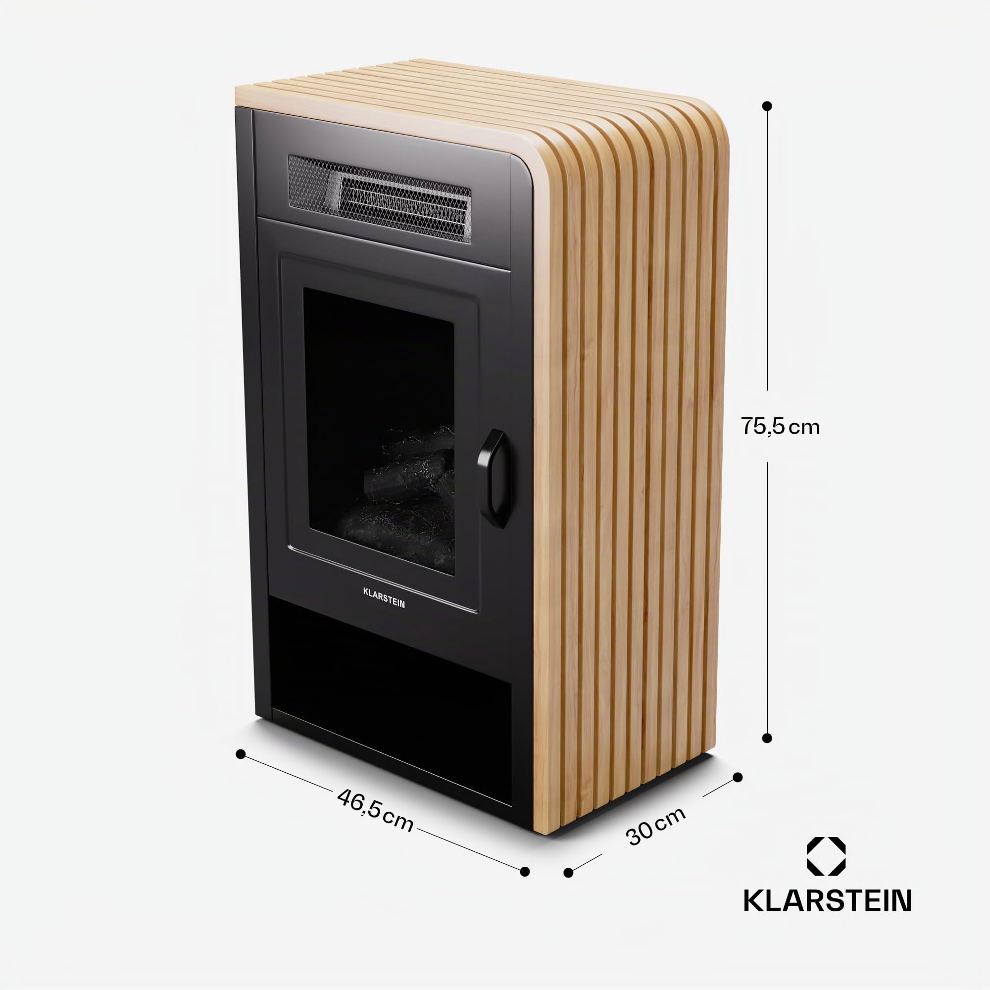 KLARSTEIN Camino Elettrico Basso Consumo, Camino da Terra con Mensola, Elettrico da Parete, Caminetto 1900W, Finto Decorativo con LED, Telecomando, Timer, Controllo Temperatura
