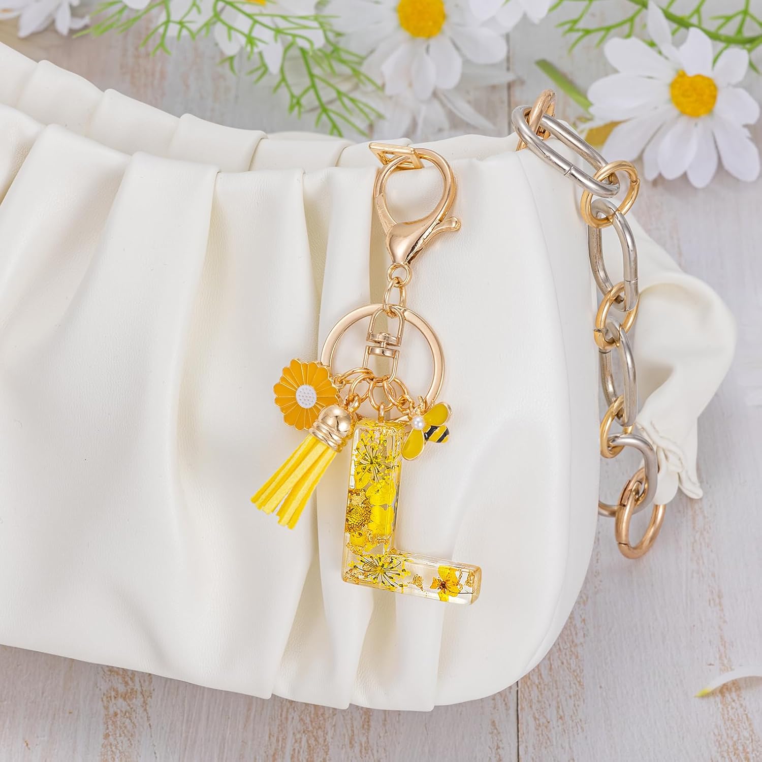 Initial Letter Keychain Resin Alphabet Keyrings,Yellow Petals Gold Foil Key Ring Key Chain Charm - Image 6
