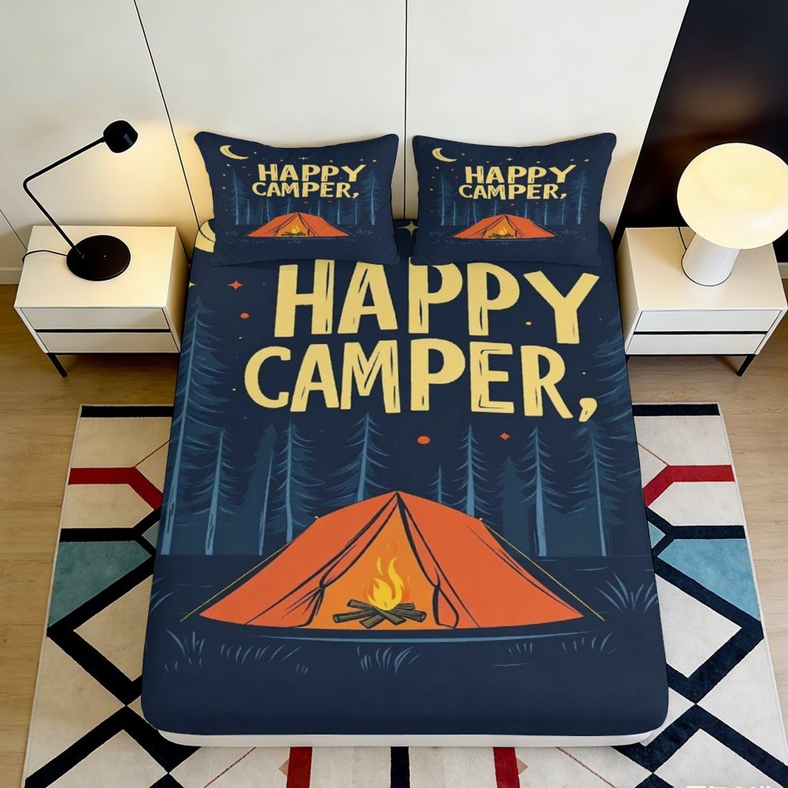 Pnayamiorkfel Style-6 3D Printed Camping Forest Fitted Sheet Microfiber Non-Slip Tent Bonfire Bed Cover For Bedroom Guest Room Decor 90X200x25cm