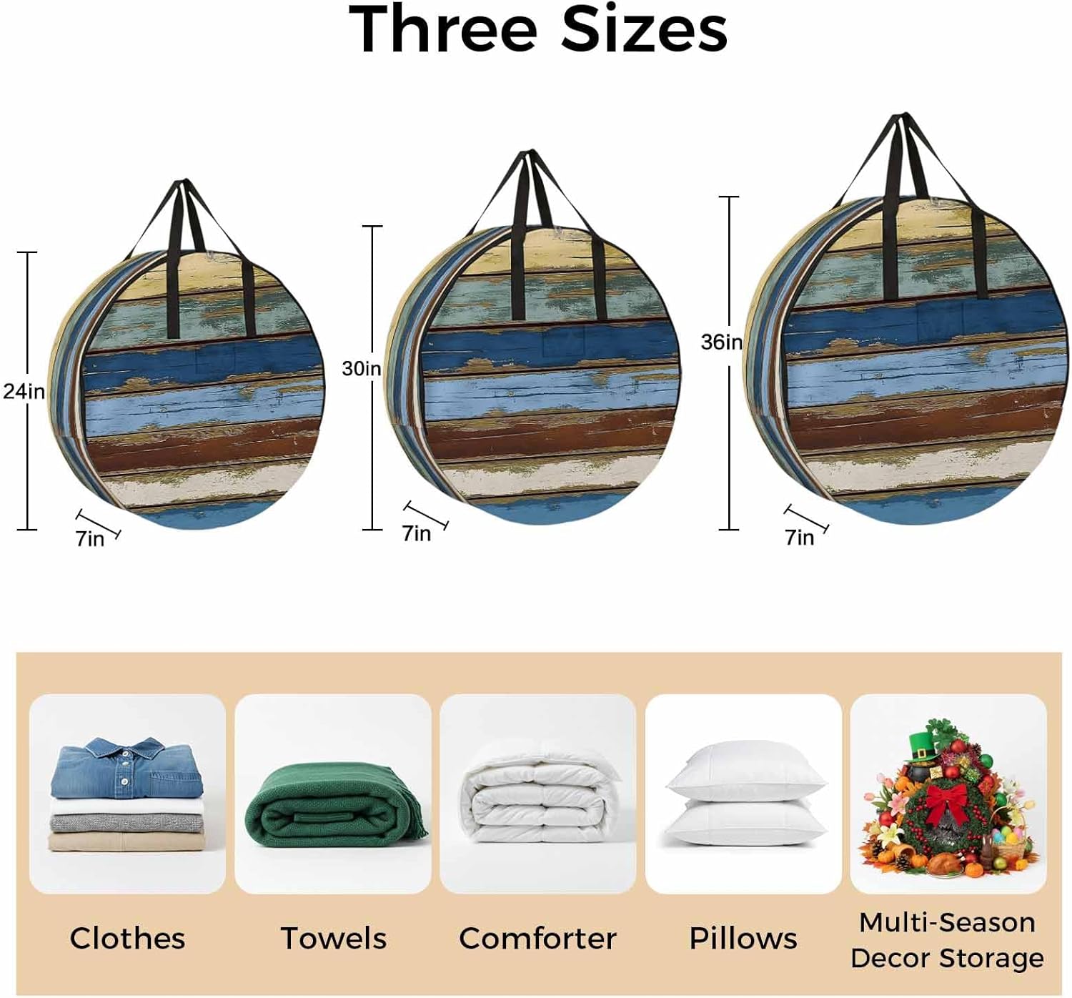 Vintage Round Storage Bag 36 Inch, Farmhouse Blue Brown Wood Grain Country Style Clothes Storage Container with Handles Heavy Duty Organizer for Comforter, Bedding & Holiday Wreaths