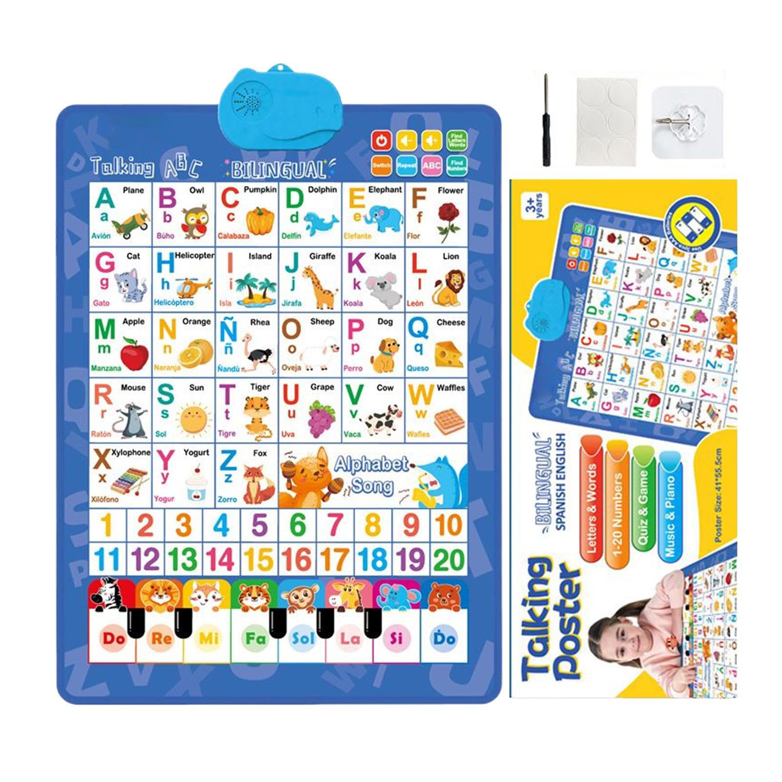 Alphabet Wall Chart - Cognitive Talking Bilingual Interactive Toy,Spanish and English Music Kids Learning Posters | Multifunctional for Ages 3-8 Language Development Classroom Preschool