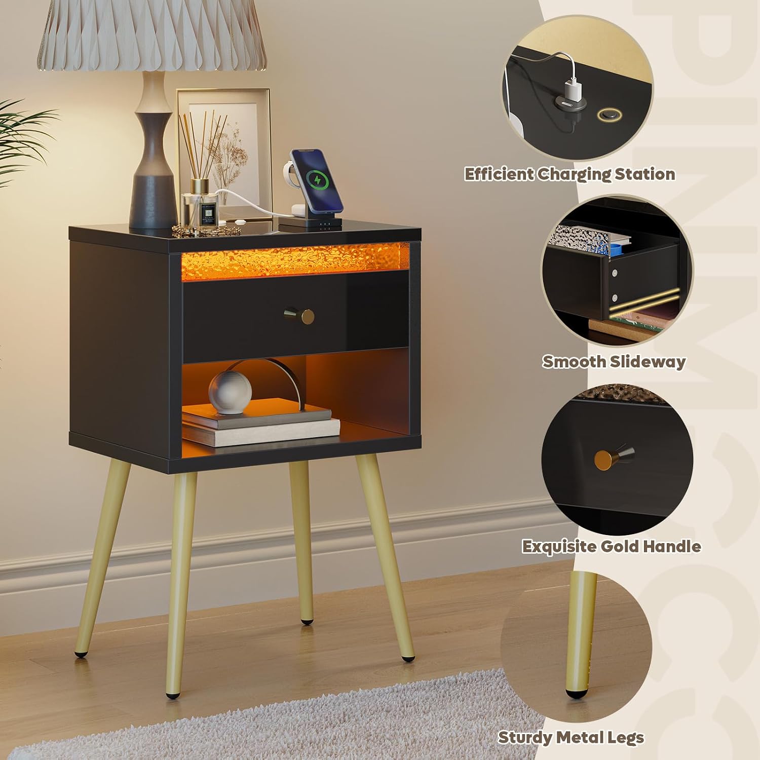 Close-up view of the efficient charging station with USB and Type-C ports, smooth drawer slideway, exquisite gold handle, and sturdy metal legs of the Pinmoco LED Nightstand.
