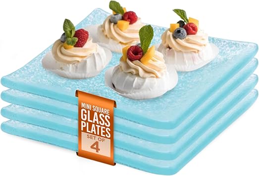 IMPULSE! Splendido Mini Square Glass Plates (Aqua) Set of 4- Elegant Functional Plates Perfect for Small Bites, Serving, Mini Desserts, Dips, or Candies- 3.15 W x 3.15 L x .4 H