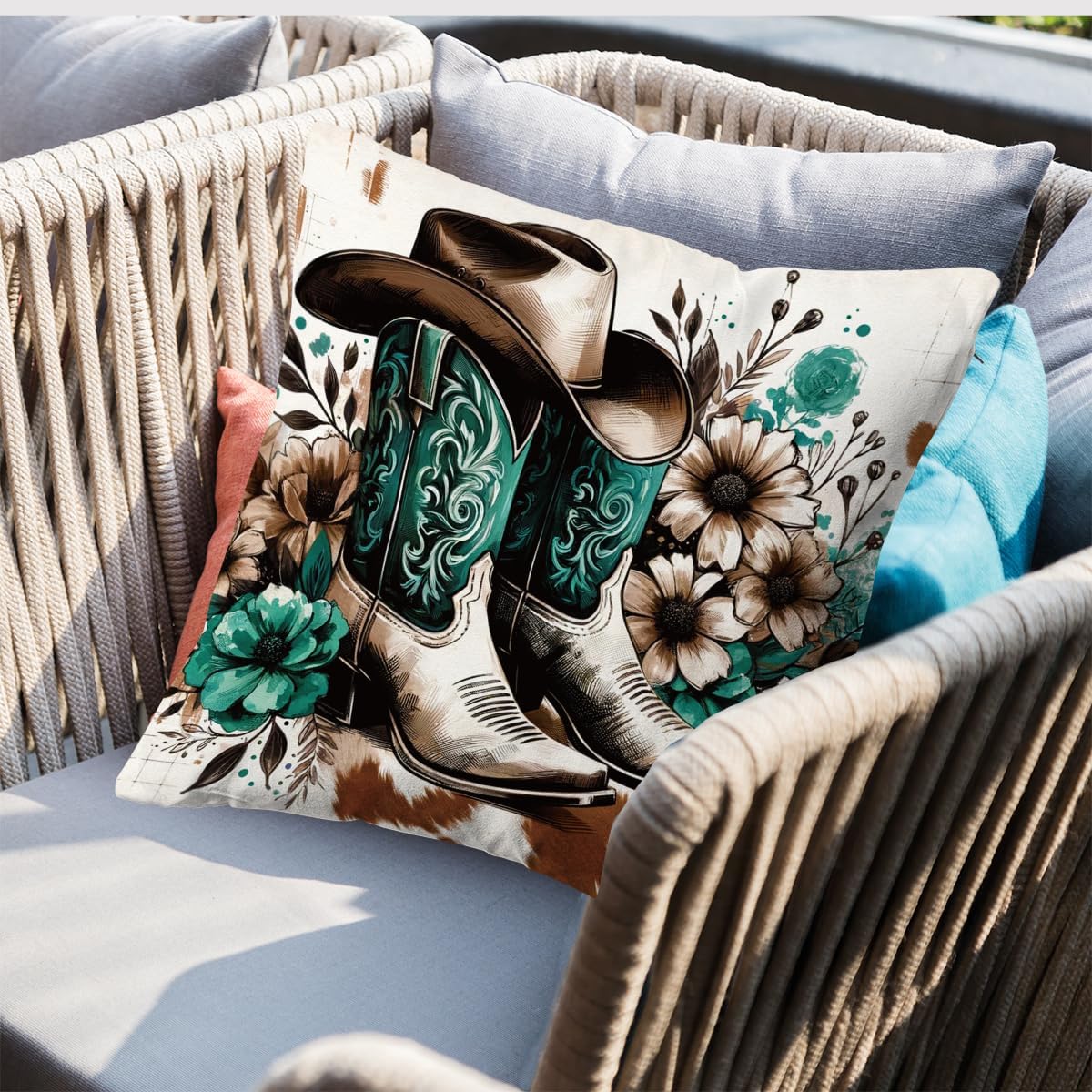 KongMoTree Boots Cowgirl Hat Throw Pillow Cover Retro Western Throw Pillow Cover Soft Flannel Fluffy Couch Pillow Cover for Home Bedroom Living Room Sofa Holiday Festivals Winter Home Decor - Image 3