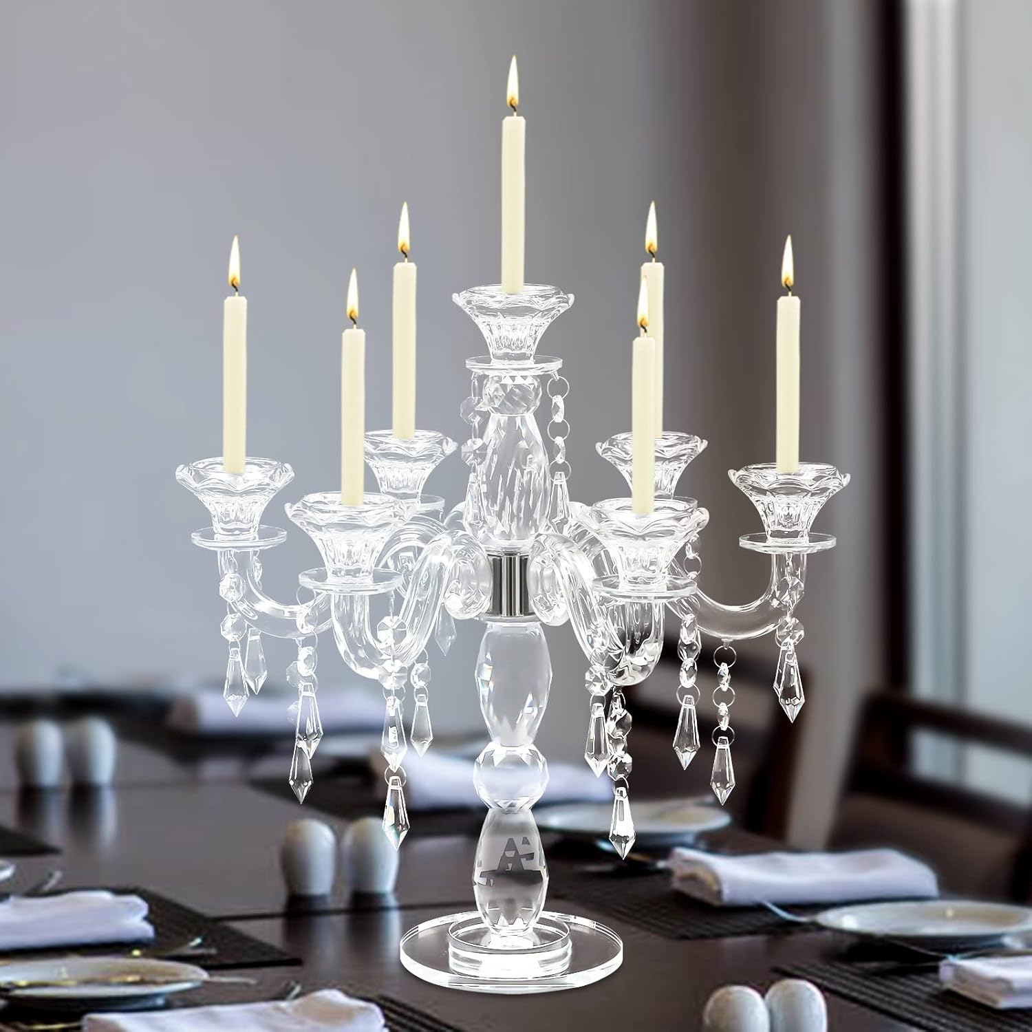 ZHISHUAI- 7 Arm Crystal Candlestick Holder, 14 Inch Modern Clear Candelabra Centerpieces, for Home Wedding Event Party Festival
