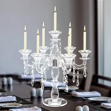 7 Arm Tall Modern Candle Holder Crystal Candelabra Candle Holders for Candlesticks Clear Candelabra Centerpieces for Tables Clear Vintage Candle Holders for Churches, Buildings & Houses, Weddings