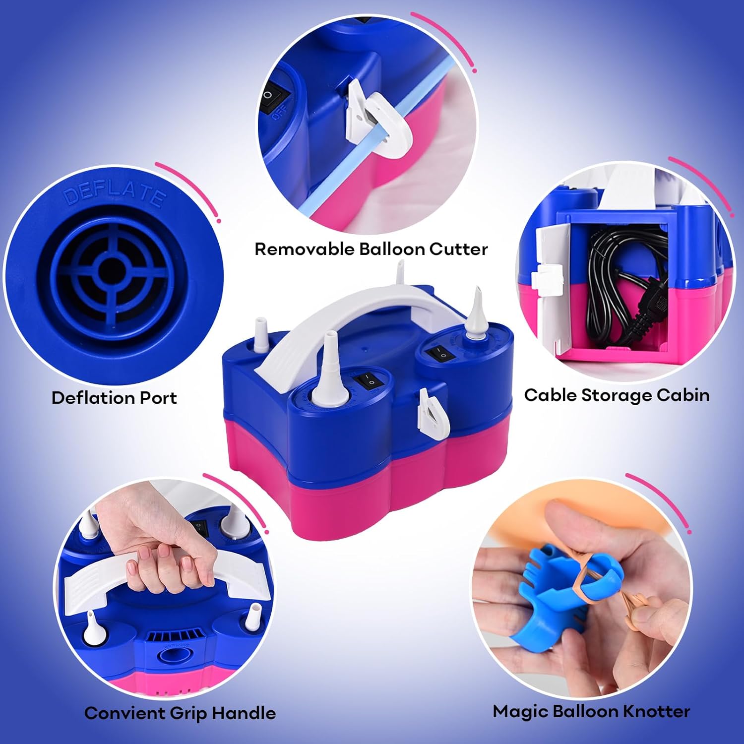 Red Blue Yellow Balloon with Air Pump Electric Set, 3-in-1 Air Pump for Inflatables and Balloon Portable Balloon for Latex 260q Foil Balloon AC 110V Inflator Deflator for Pool Floats Air Mattress