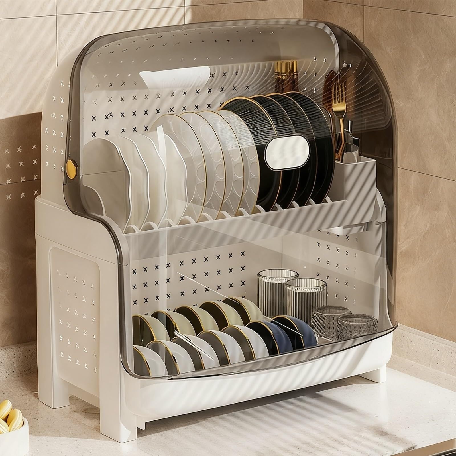 HONKERW drying rack Dish Drying Rack with Dust Cover and Removable Drainer Board,2 Tier Plastic Dish Rack,Tableware Tray Cutlery drainer(Nero)