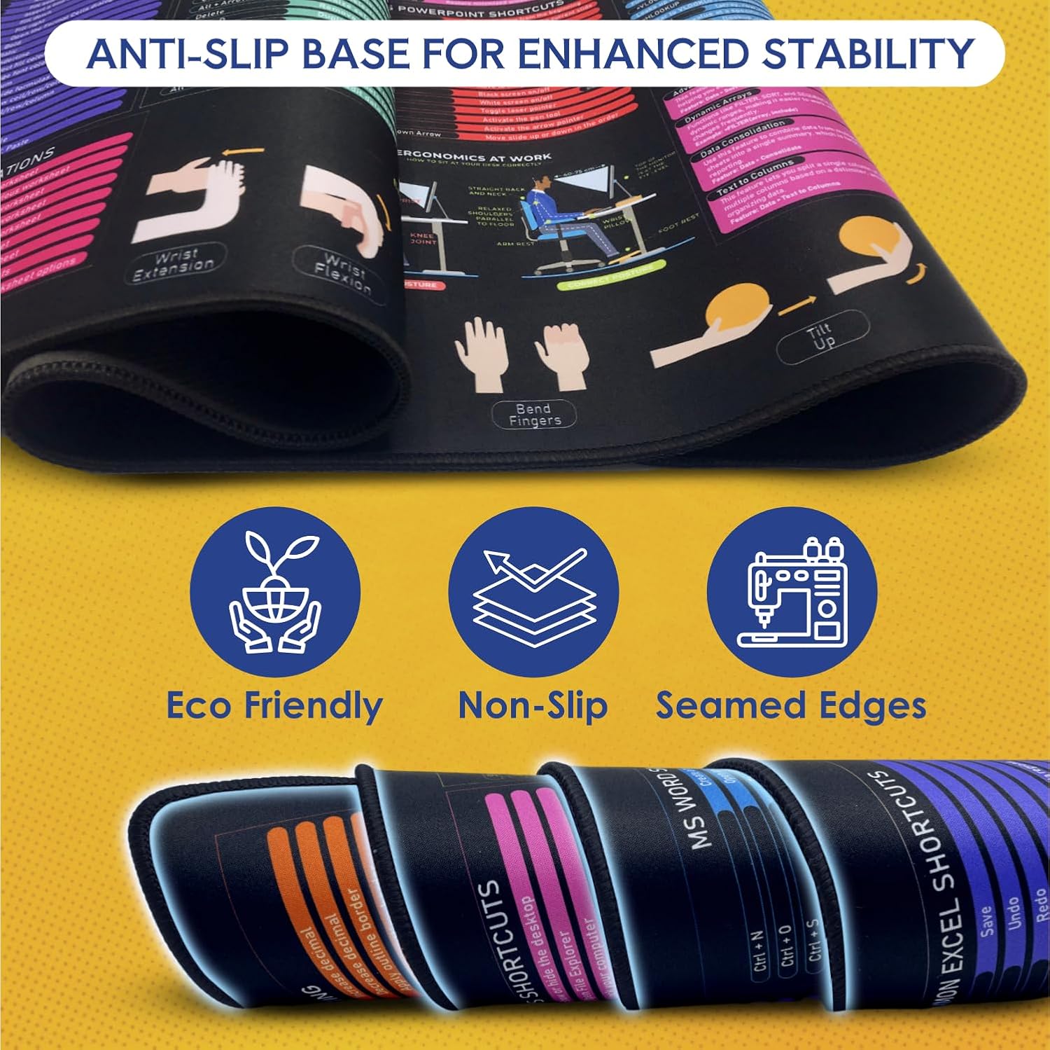 Excel Cheat Sheet Desk Pad, 35"x15.7", Waterproof Extra Large Excel Shortcut Mat with Stitched Edges, Anti-Slip Excel Mouse Pad for Office Desk, MS Excel/Word/Powerpoint & Windows Shortcuts - Image 3