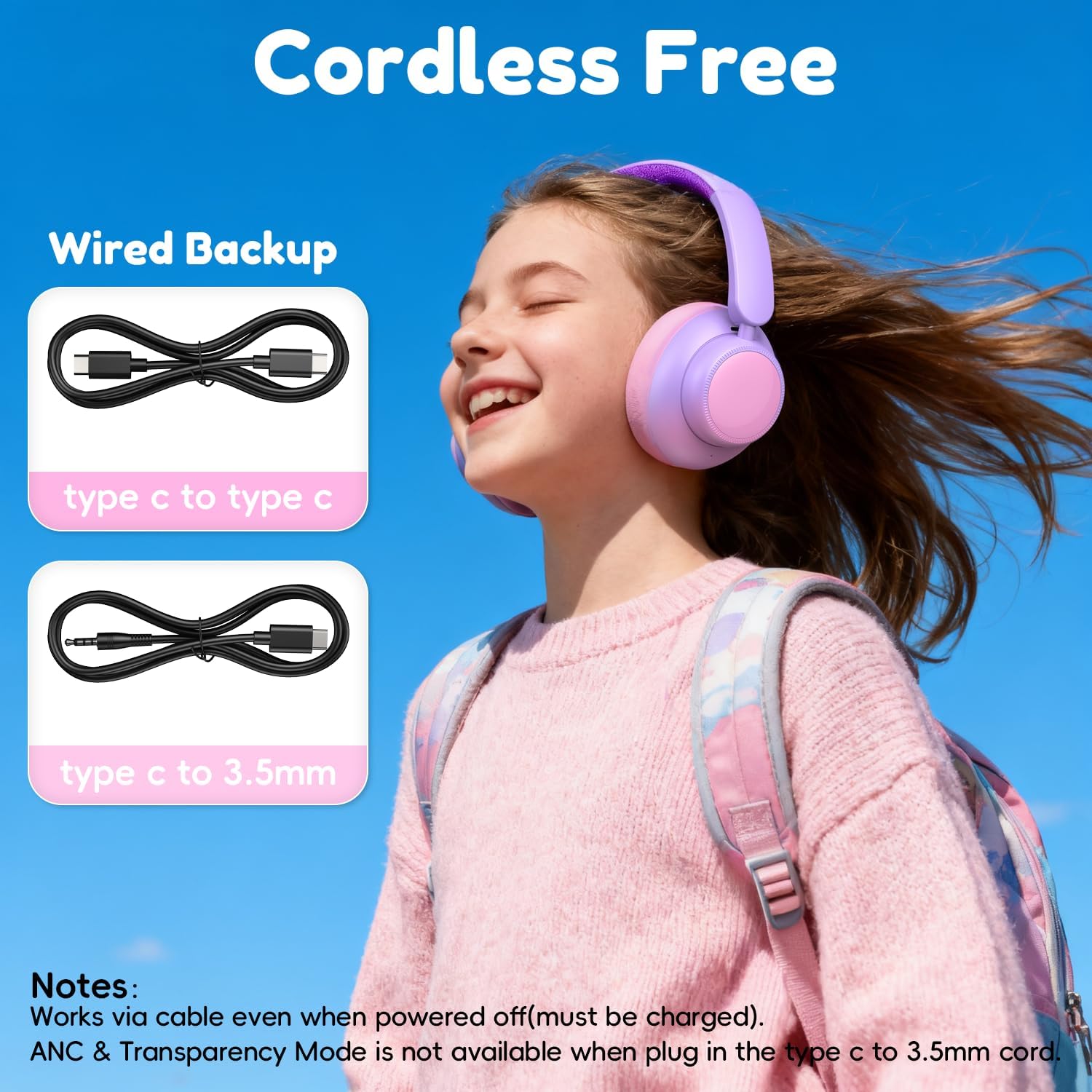 Candy Bila Active Kids Noise Cancelling Headphones, 60H Play Time Kids Bluetooth Headphones, Volume Limited, Bluetooth 6.0, USB C Charging, Headphones for iPad Tablet Airplane,Gradient Pink
