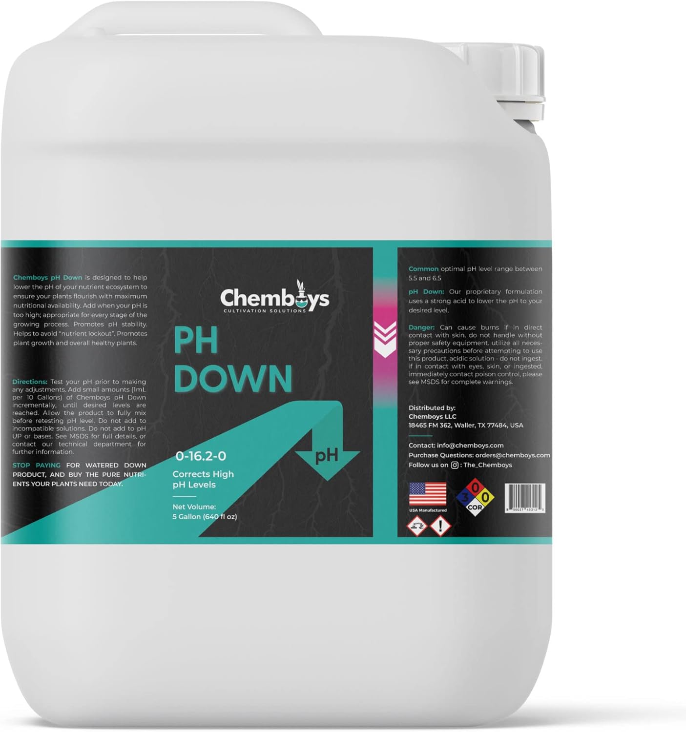 Chemboys pH Down – Hydroponics pH Acidity Liquid Fertilizer for Optimal Nutrient Uptake & Stability – pH Adjuster for Hydroponic Systems, Plant Growth, Bigger Blooms, Higher Yield