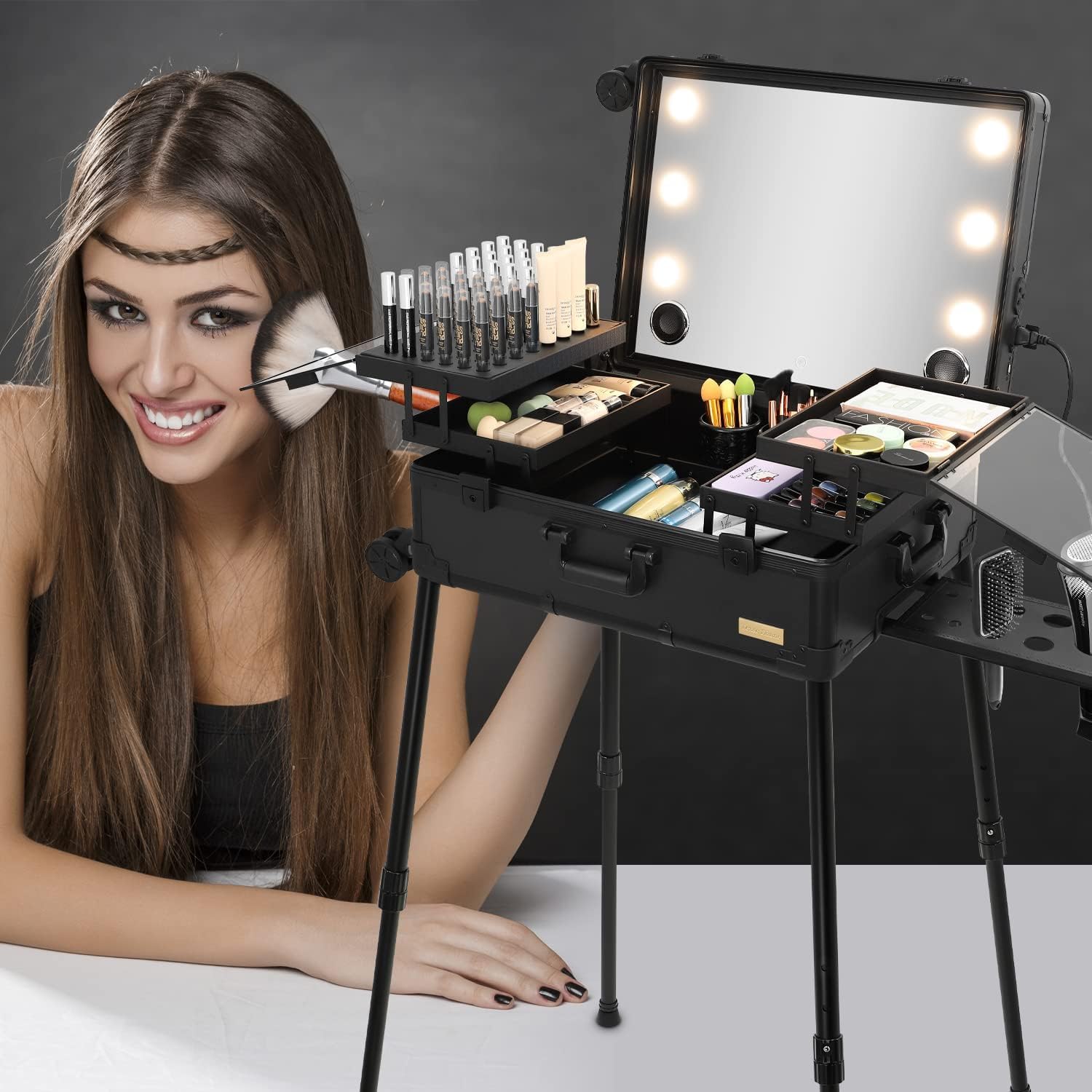 SHAMAX® Aluminum Professional Rolling Cosmetic Makeup Trolley Suitcase Train Case with Lighted Mirror LED Light Cosmetic Organizer Beauty Artist Trolley Studio (Black) 4