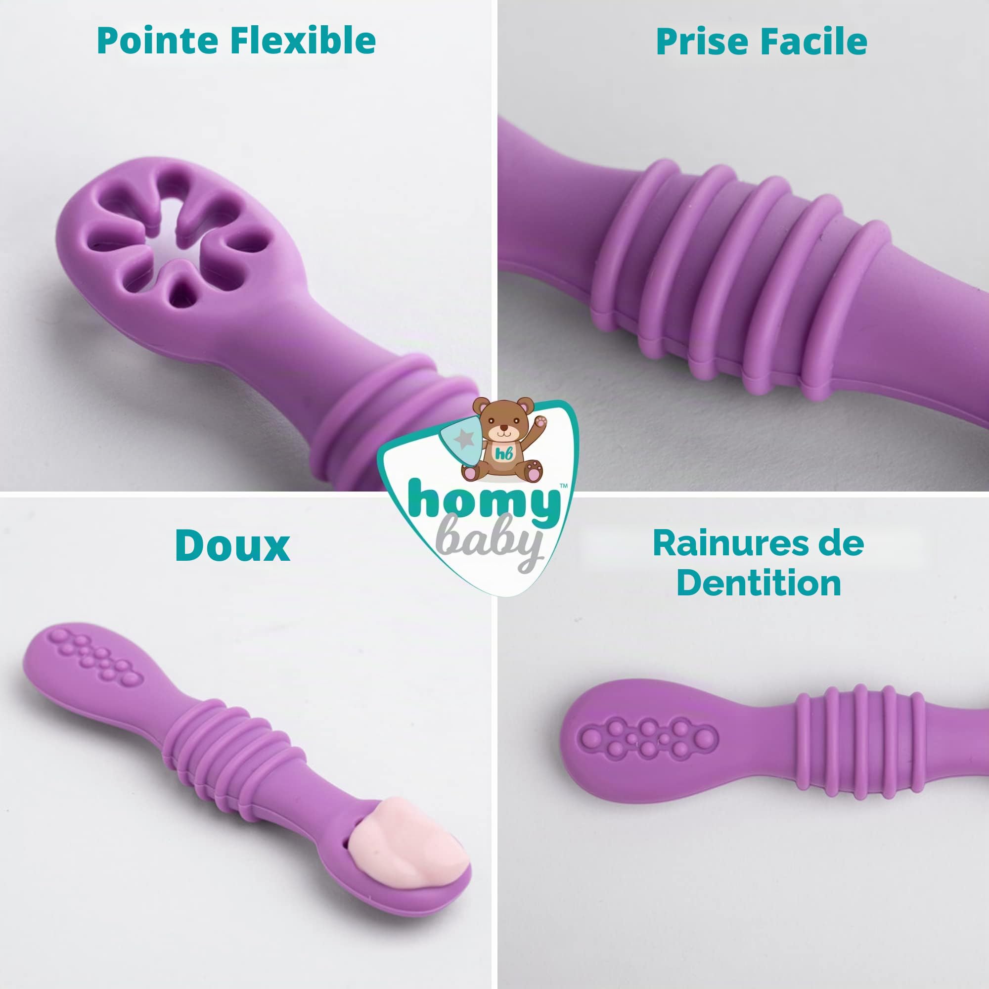 HOMYBABY® Cuilleres Bebe 1er Age - Cuillere Bébé Apprentissage en Silicone Alimentaire LFGB - Pre Cuillere DME bebe - Couverts Adaptés à la Dentition