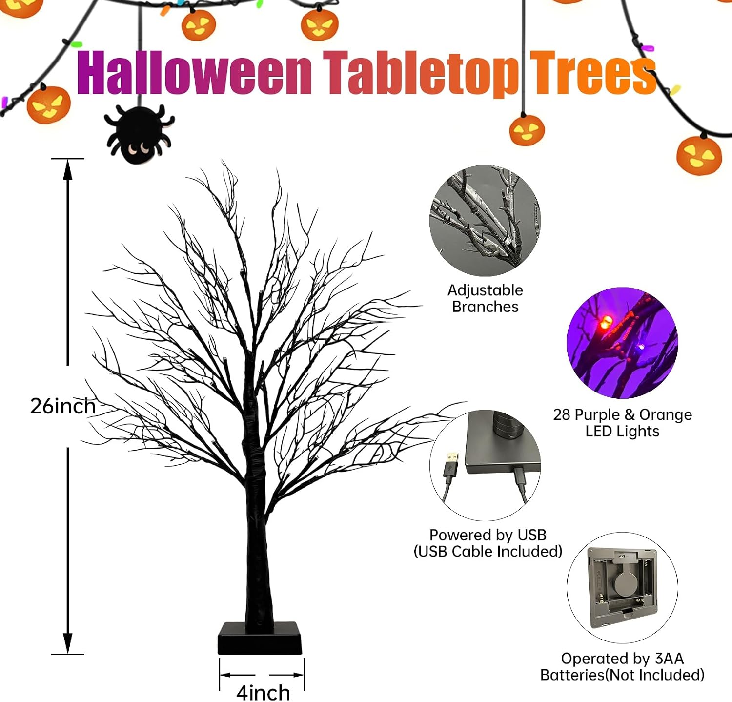 Halloween Decorations Indoor, 2 Pack 26 Inch Black Halloween Tree Set, 56 Orange & Purple LED Lights, USB & Battery Powered Tabletop Spooky Twig Trees with Timer, Creepy Halloween Decor for Mantels