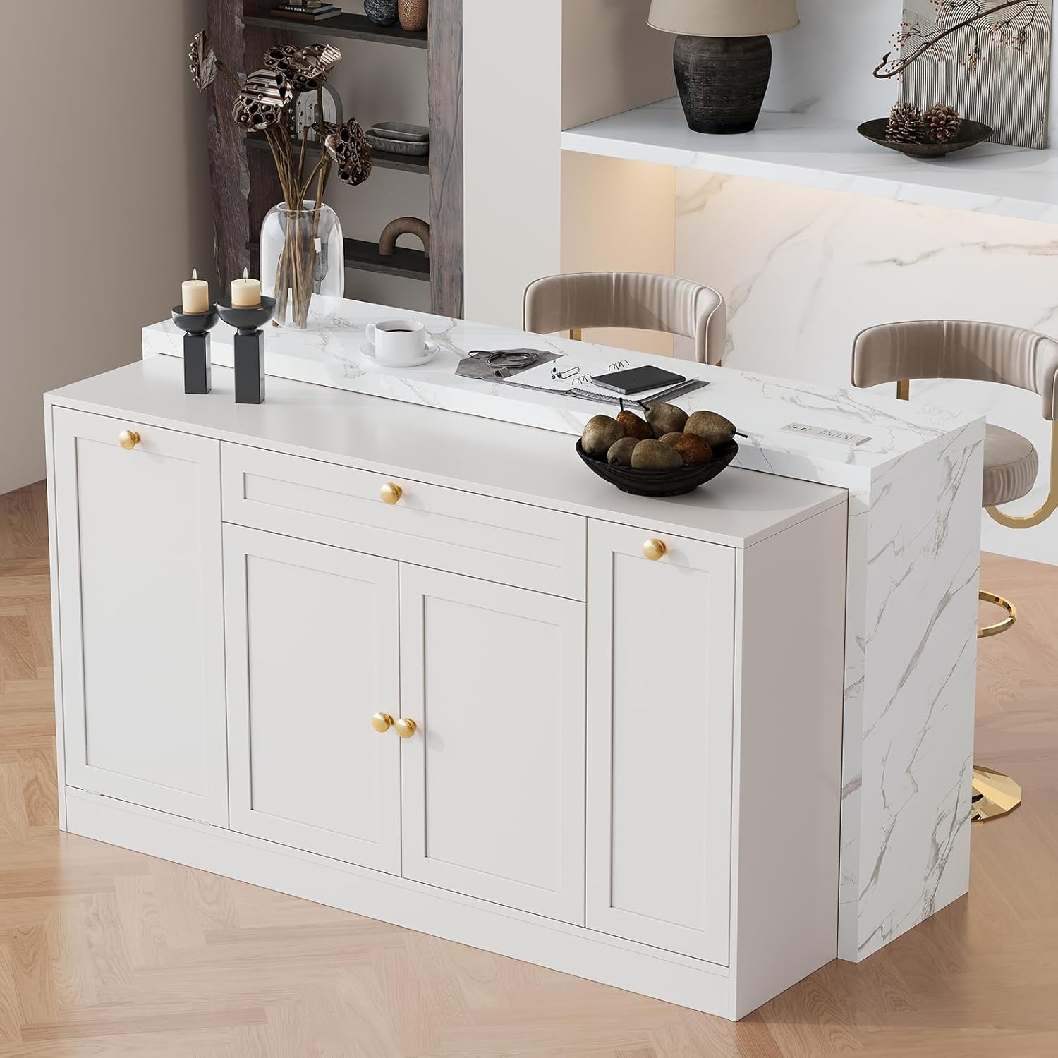 ONBRILL 63" Kitchen Island with Storage, Island Table with Power Outlet & Trash Cabinet, Kitchen Island with Marble Countertop for Kitchen, Dining Room, Living Room, White