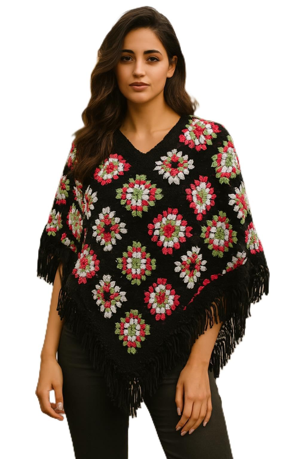 Woollen Crochet Poncho V-Neck Multicolor Fringe-image-39