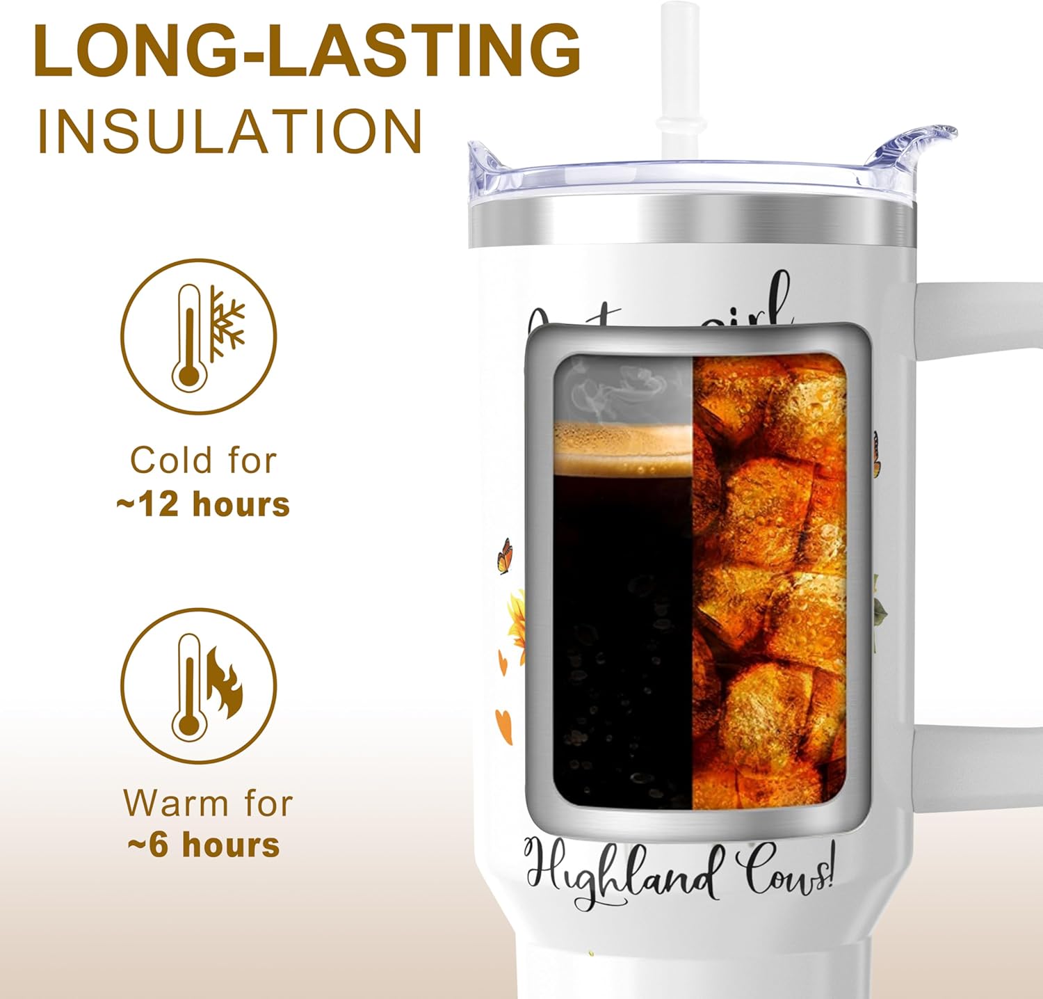 Highland Cow Tumbler With Handle and Straw, 40 oz Leakproof Stainless Steel Insulated Tumbler, Cup Holder Friendly, Birthday Christmas Gifts for Women Who Loves Cow, Travel Coffee Mug Water Bottle - Image 6