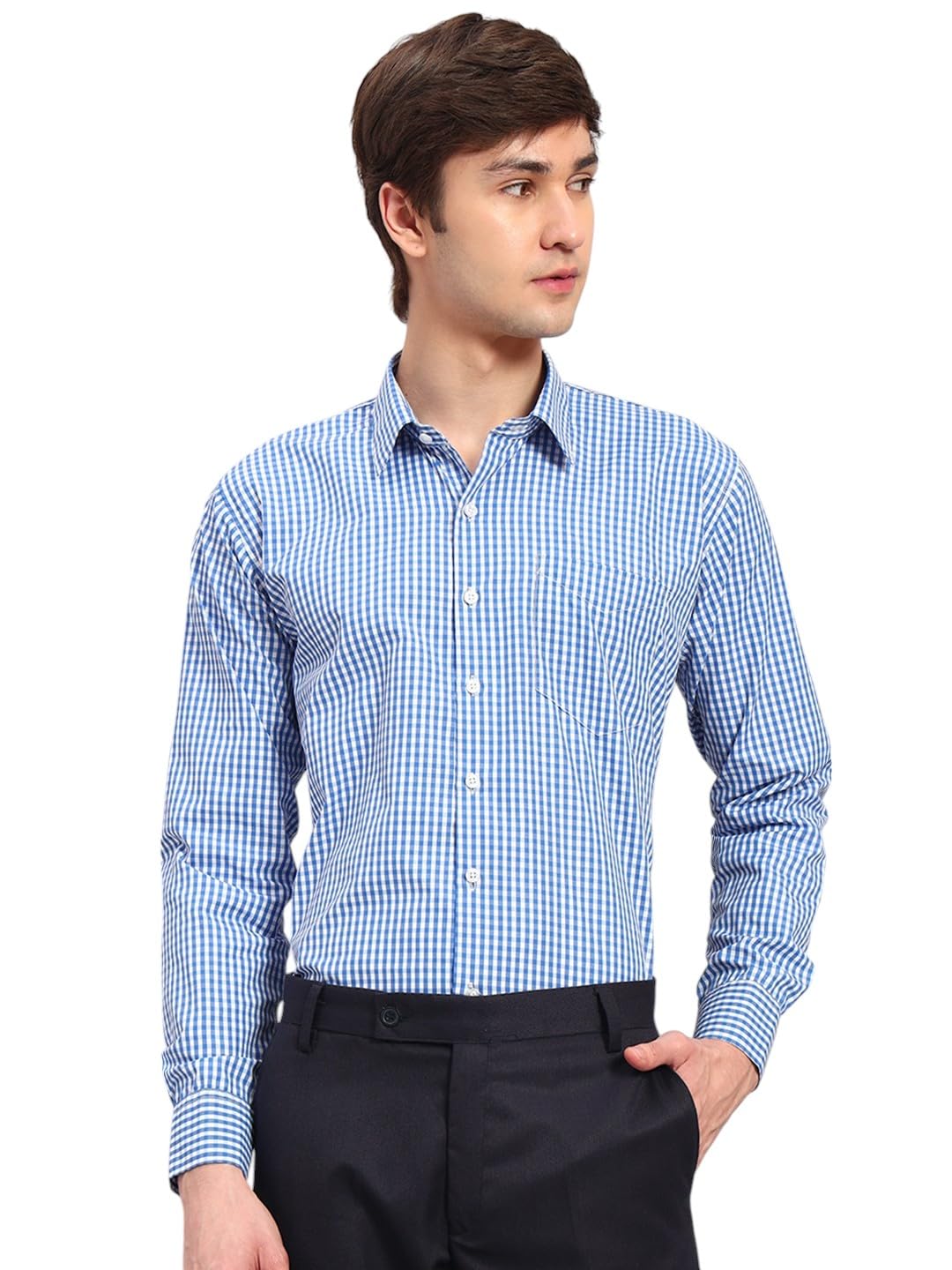 Men Slim Fit Checked Spread Collar Full Sleeve Cotton Black and White Formal Shirt-image-8
