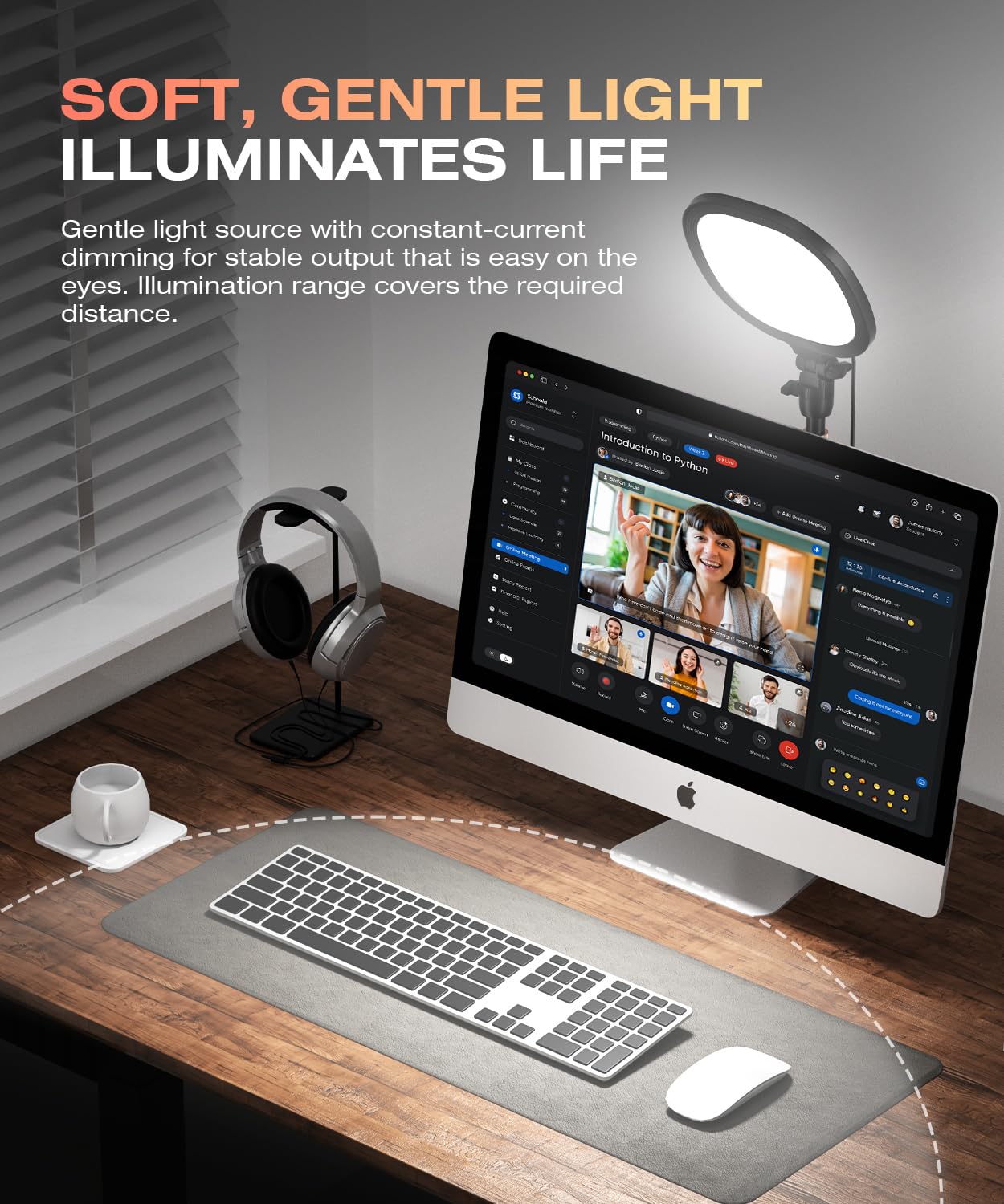 PQRQP Luce ad anello per scrivania, illuminazione morbida per zoom e videochiamate, luce selfie con supporto e supporto per telefono, CRI 97+ luce webcam per registrazione, streaming, casa e ufficio