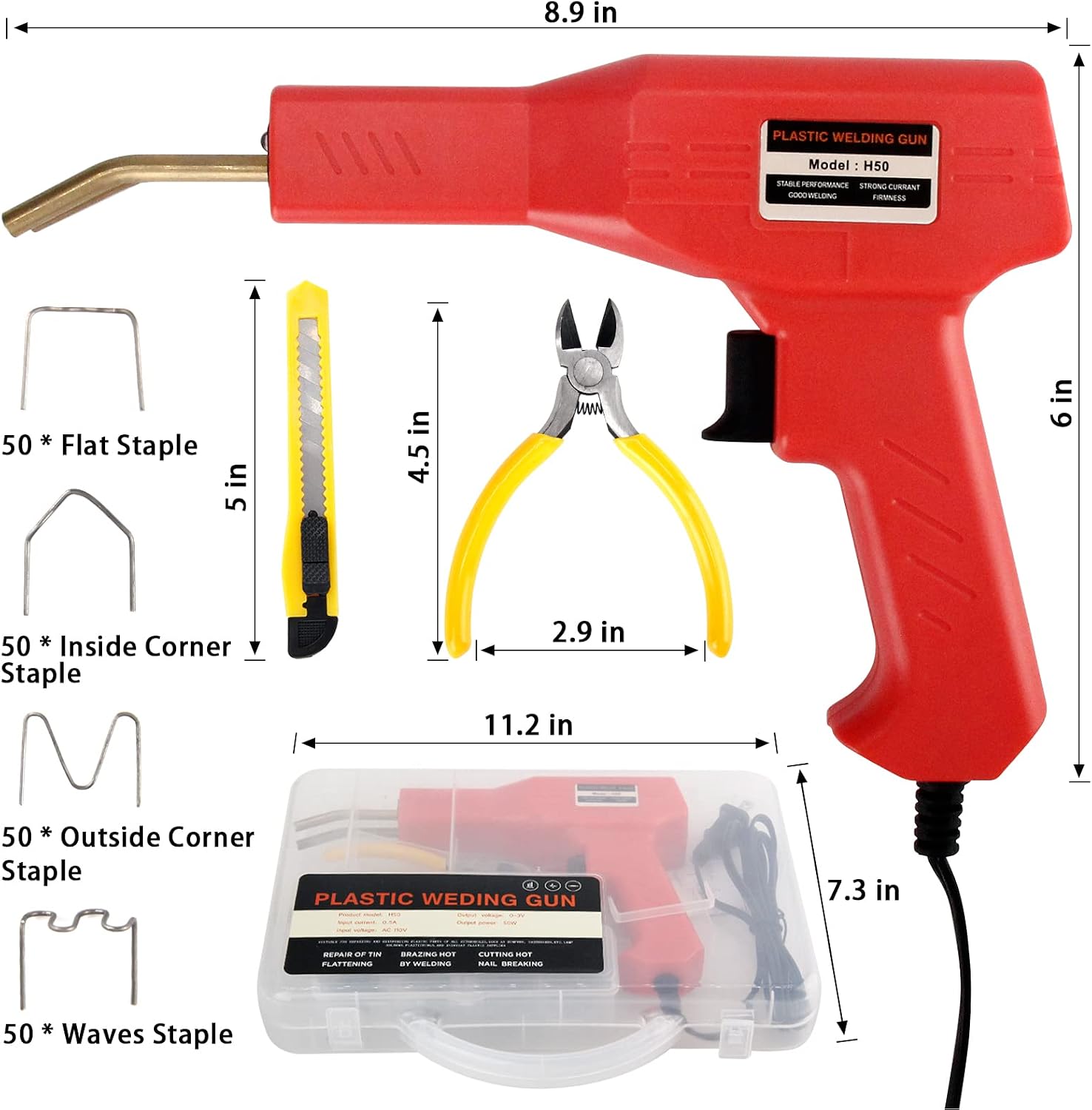 Plastic Welder Machine for Car Bumper Repair, Plastic Welder Machine, 50W Handheld Hot Stapler Gun, Plastic Repair Kit, Bumper Crack Repair Kit with Plier Include 4 Types Hot Wave Flat Staples (Red)