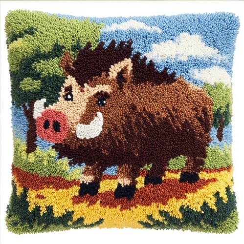 WallustrioaW Latch Hook Pillow Case Kits,Wild Boars 17X17 Inch Latch Hook Cushion Cover Kit,Knitting Kits Cushion for Adults Rug Making Kit for Starters